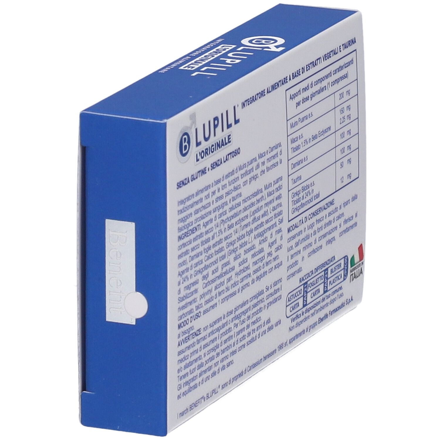 Seitenansicht der BLUPILL-Schachtel. Enthält Informationen zu Inhaltsstoffen und Nährwerten. Glutenfrei, laktosefrei.