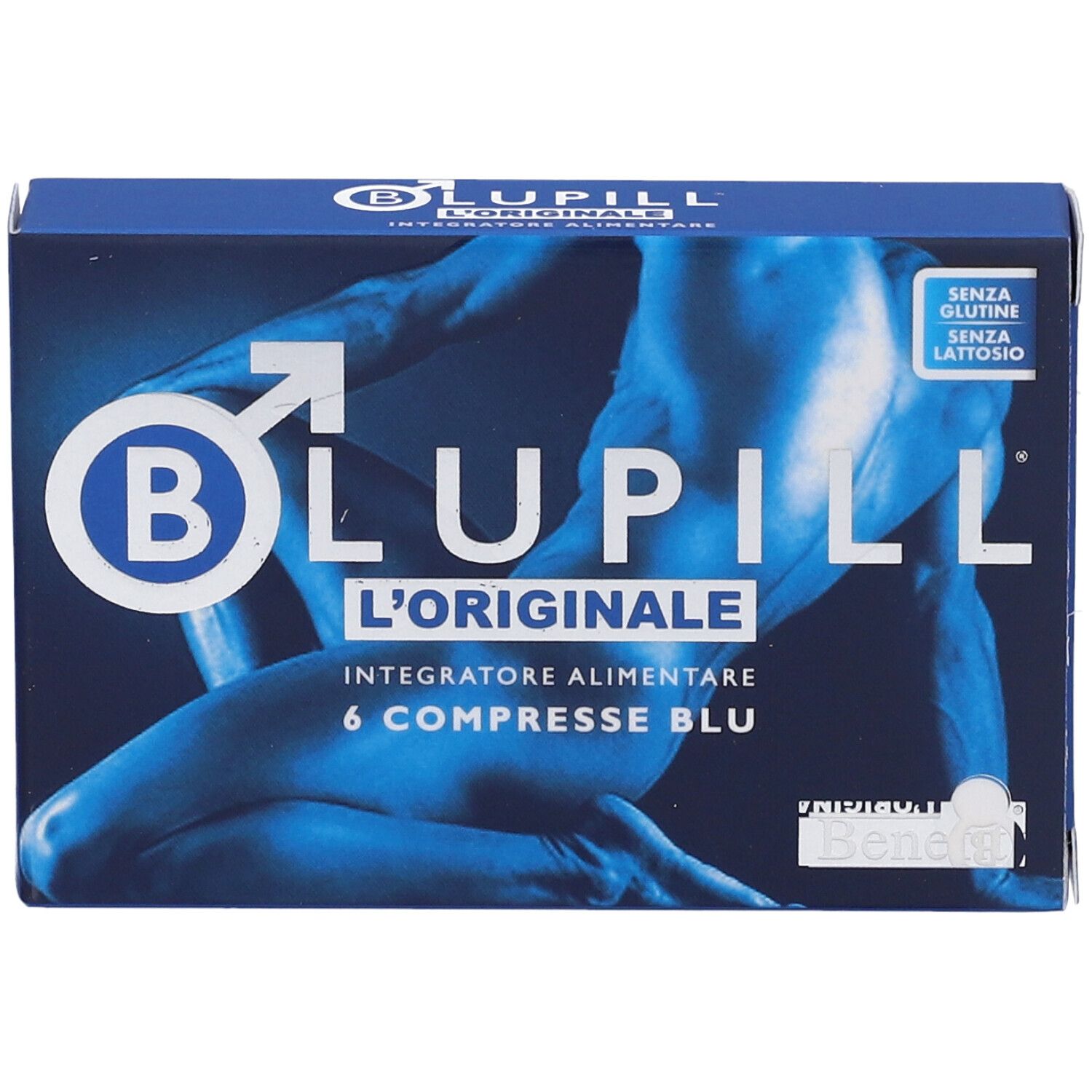 Blaue Schachtel mit BLUPILL L'ORIGINALE, 6 compresse blu. Glutenfrei, laktosefrei. Abbildung eines Mannes.