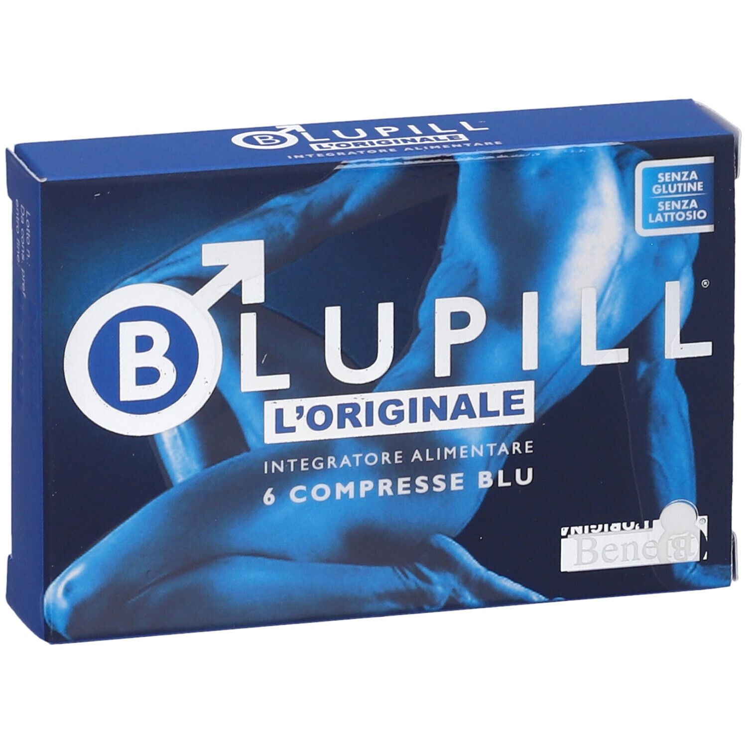 Blaue Schachtel mit BLUPILL L'ORIGINALE, 6 compresse blu. Glutenfrei, laktosefrei. Abbildung eines Mannes.