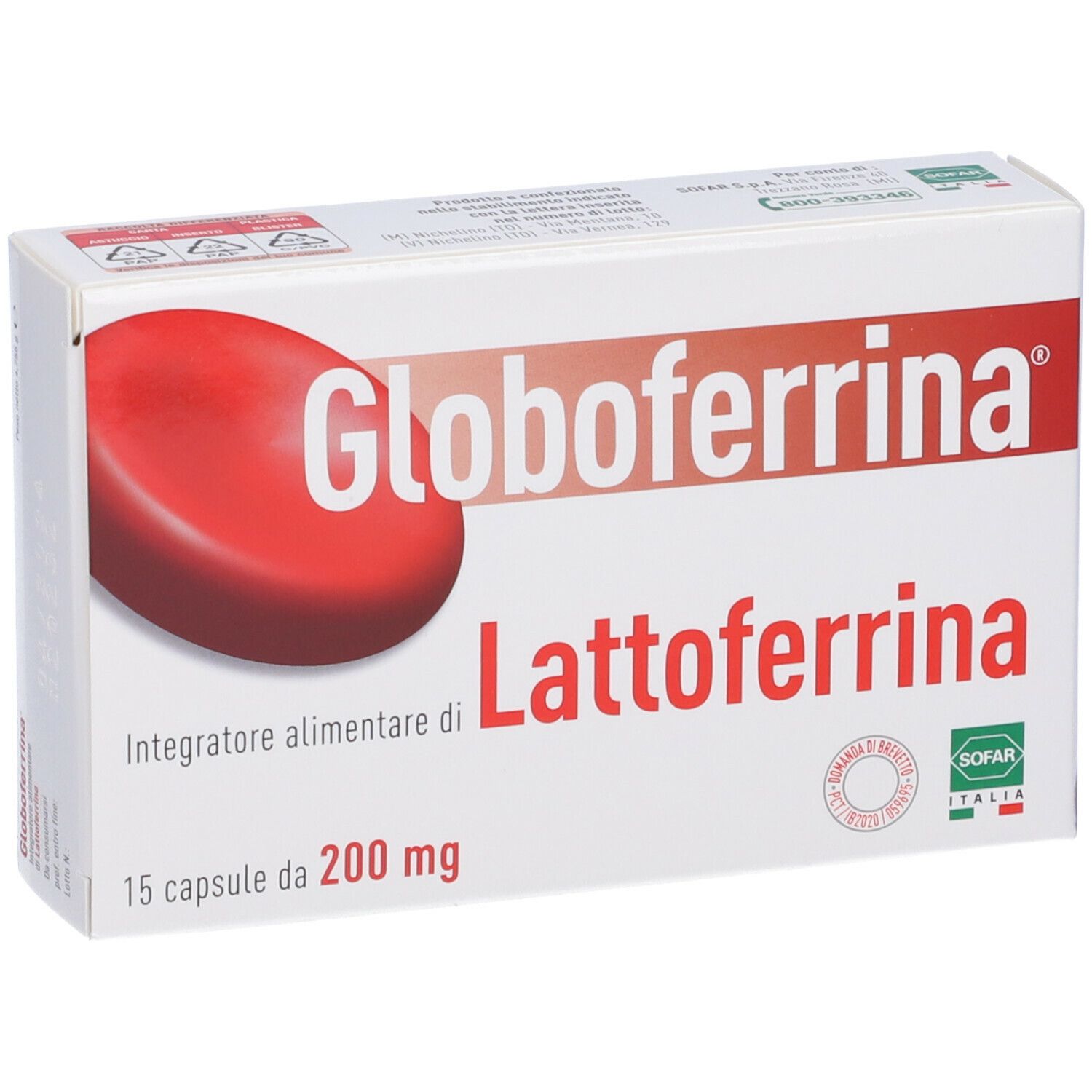 Scatola di Globoforrina Lattoferrina. 15 capsule. Logo rosso, sfondo bianco. Testo: Integratore alimentare.