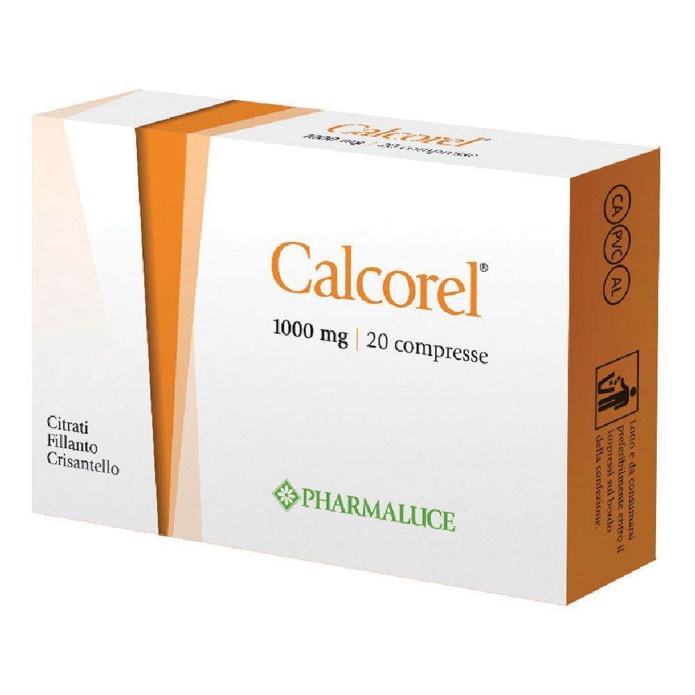 Scatola bianca con dettagli arancioni. Scritto: Calcorel 1000 mg, 20 compresse. Logo Pharmaluce.