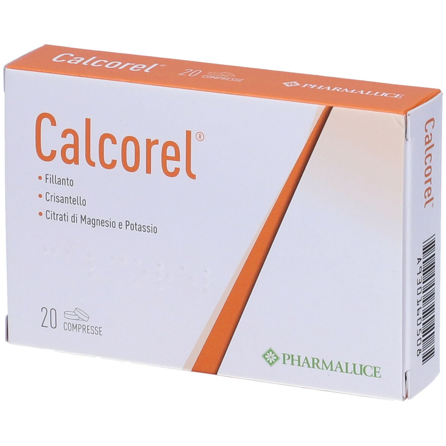 Scatola bianca con dettagli arancioni. Scritto: Calcorel, 20 compresse. Logo Pharmaluce.