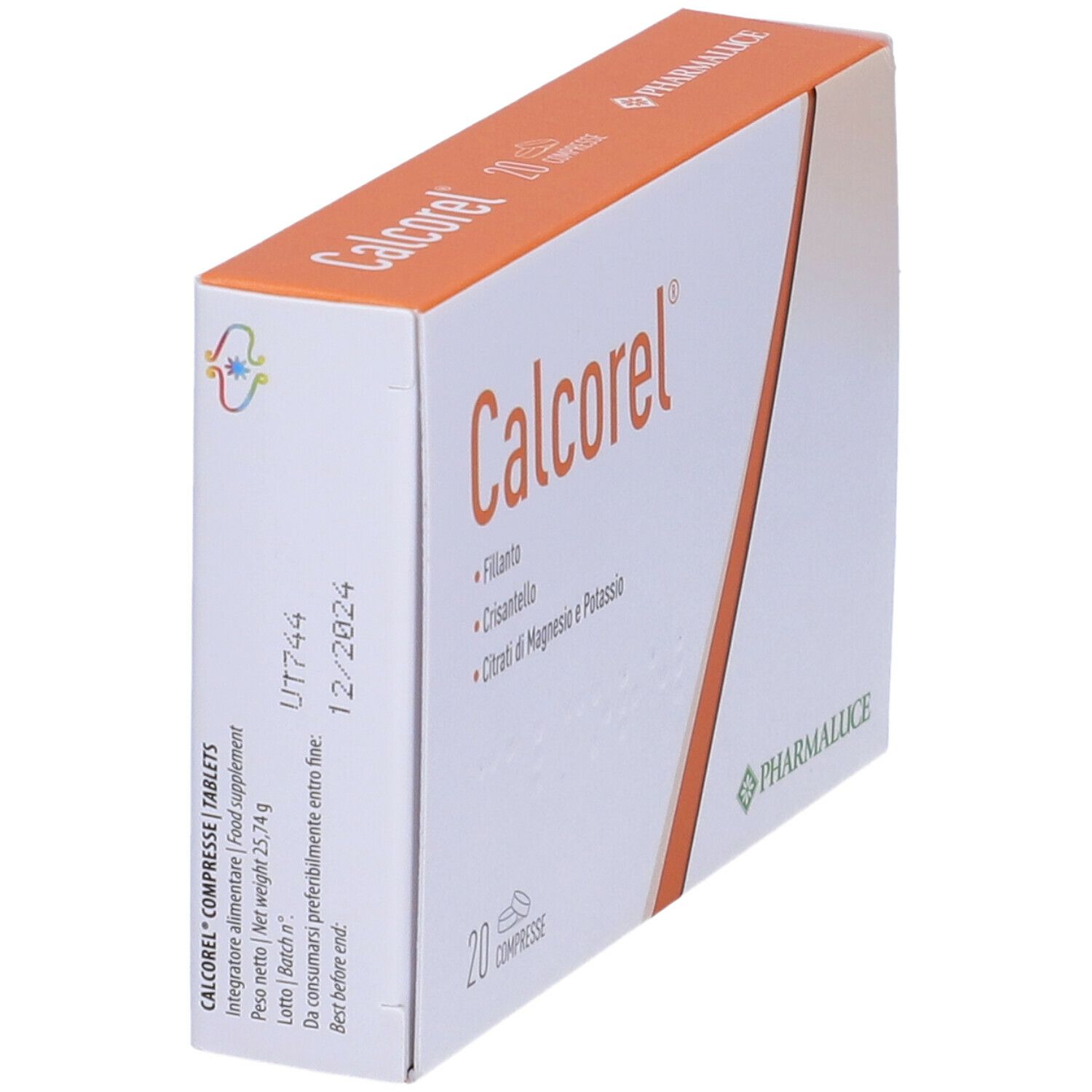 Scatola con dettagli arancioni. Scritto: Calcorel, 20 compresse. Logo Pharmaluce. Scadenza 12/2024.