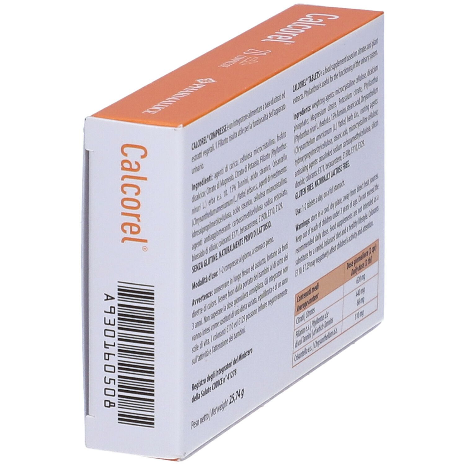 Scatola con dettagli arancioni. Scritto: Calcorel, 20 compresse. Logo Pharmaluce. Vista laterale.