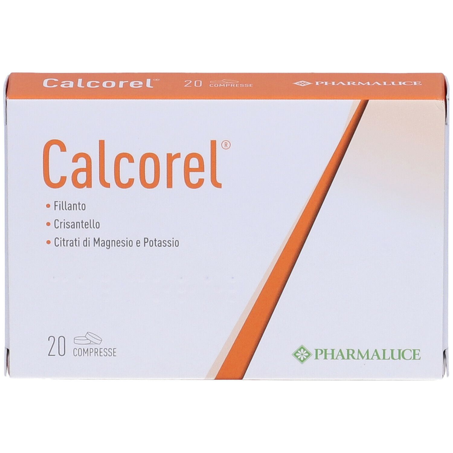 Scatola bianca con dettagli arancioni. Scritto: Calcorel, 20 compresse. Logo Pharmaluce.