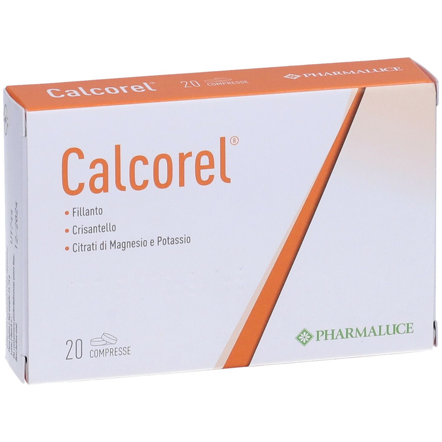 Scatola bianca con dettagli arancioni. Scritto: Calcorel, 20 compresse. Logo Pharmaluce.