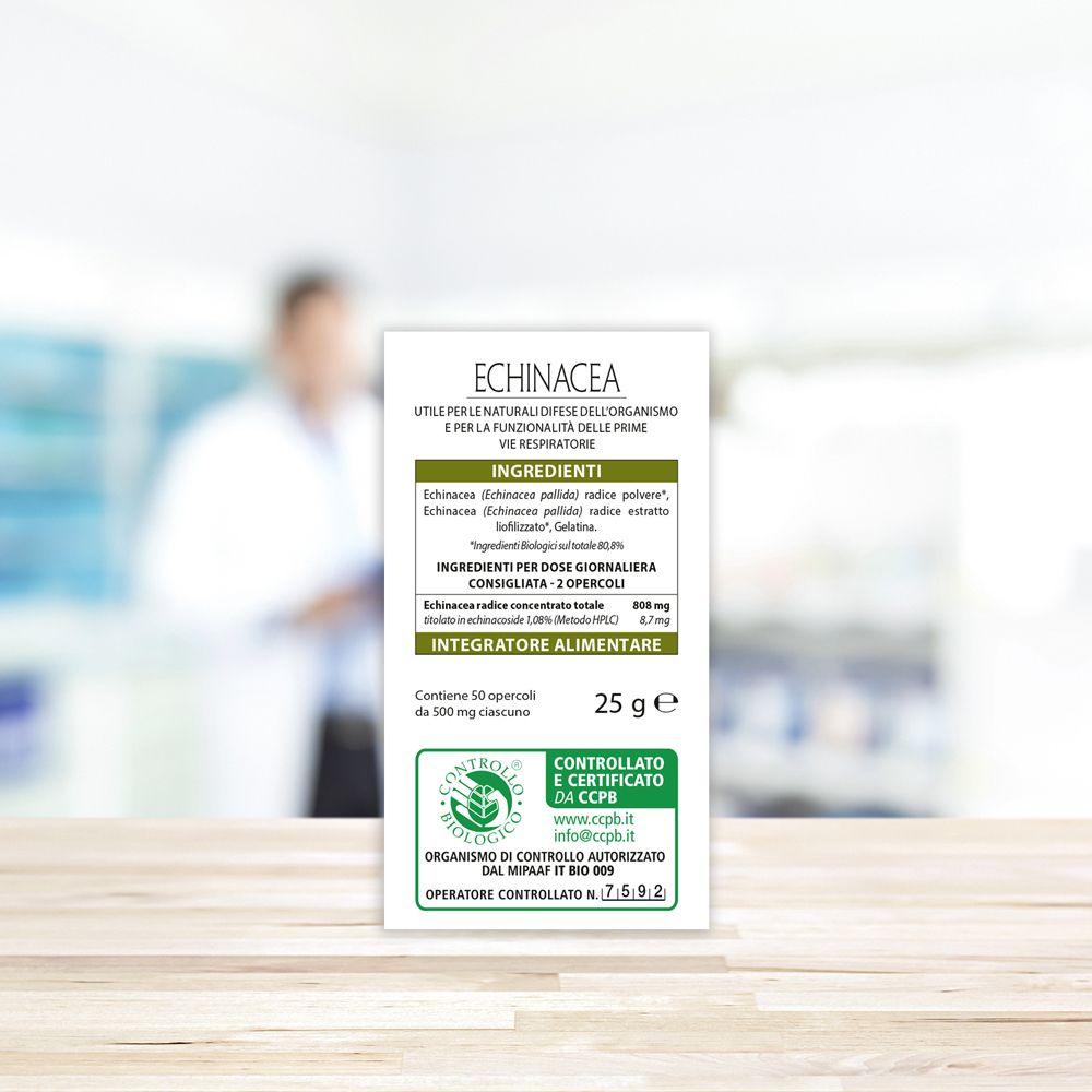 Karton mit Text: ECHINACEA, Integratore Alimentare. Text: 25 g, Inhaltsstoffe, Zertifizierung.