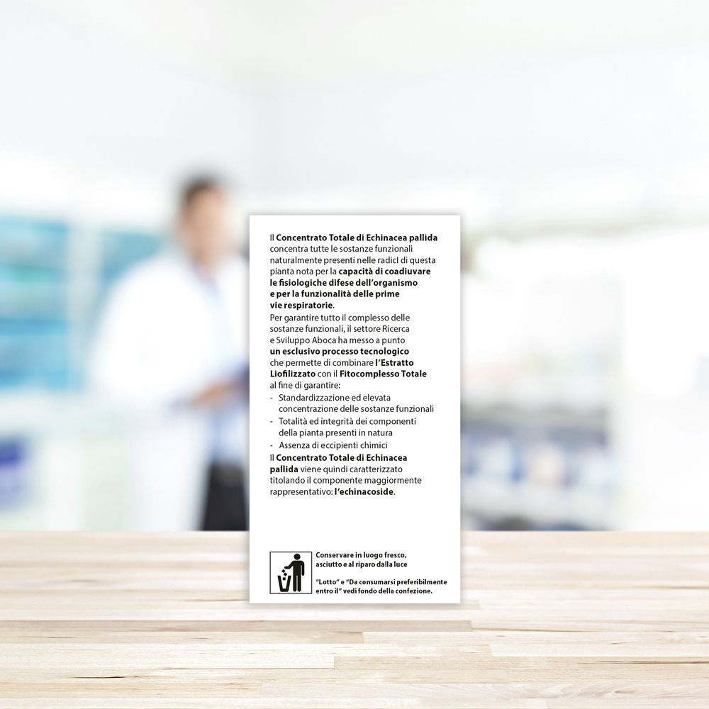 Karton mit Text über Inhaltsstoffe und Anwendung. Text: 25 g, Aboca, Integratore Alimentare.