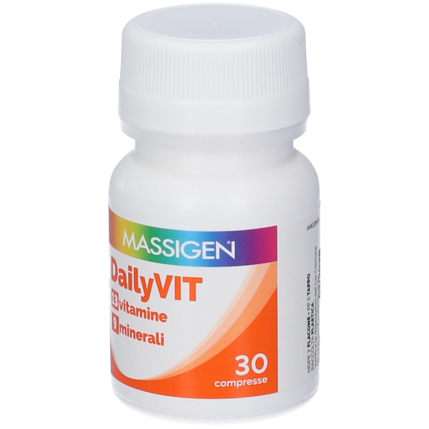 Weiße Flasche mit Schraubverschluss. Etikett mit "MASSIGEN DailyVIT", 13 Vitamine, 9 Mineralien.