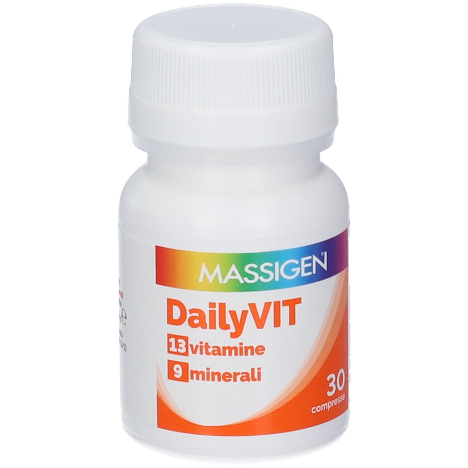 Weiße Flasche mit Schraubverschluss. Etikett mit "MASSIGEN DailyVIT", 13 Vitamine, 9 Mineralien.