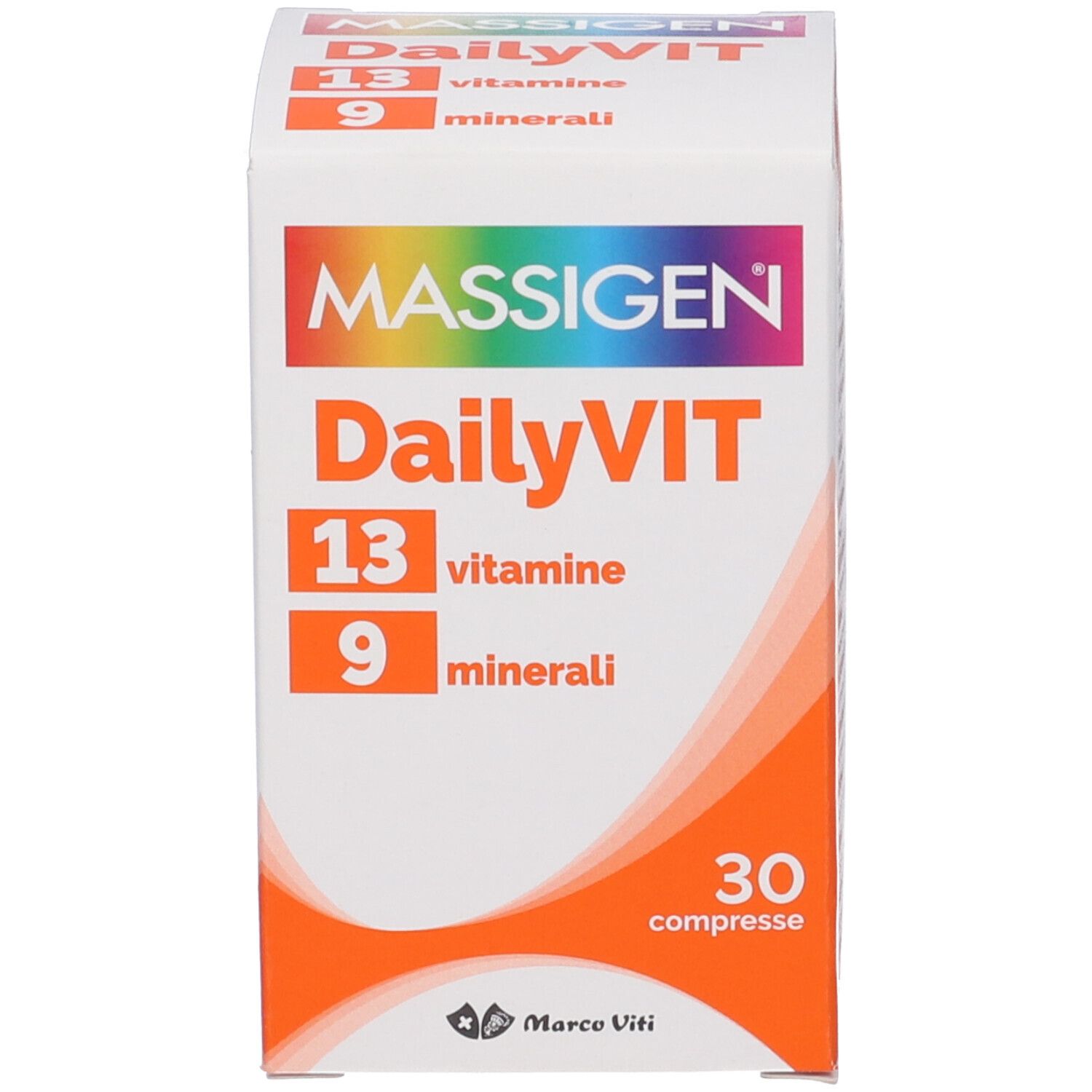 Orangefarbene Schachtel mit "MASSIGEN DailyVIT", 13 Vitamine, 9 Mineralien, 30 compresse.