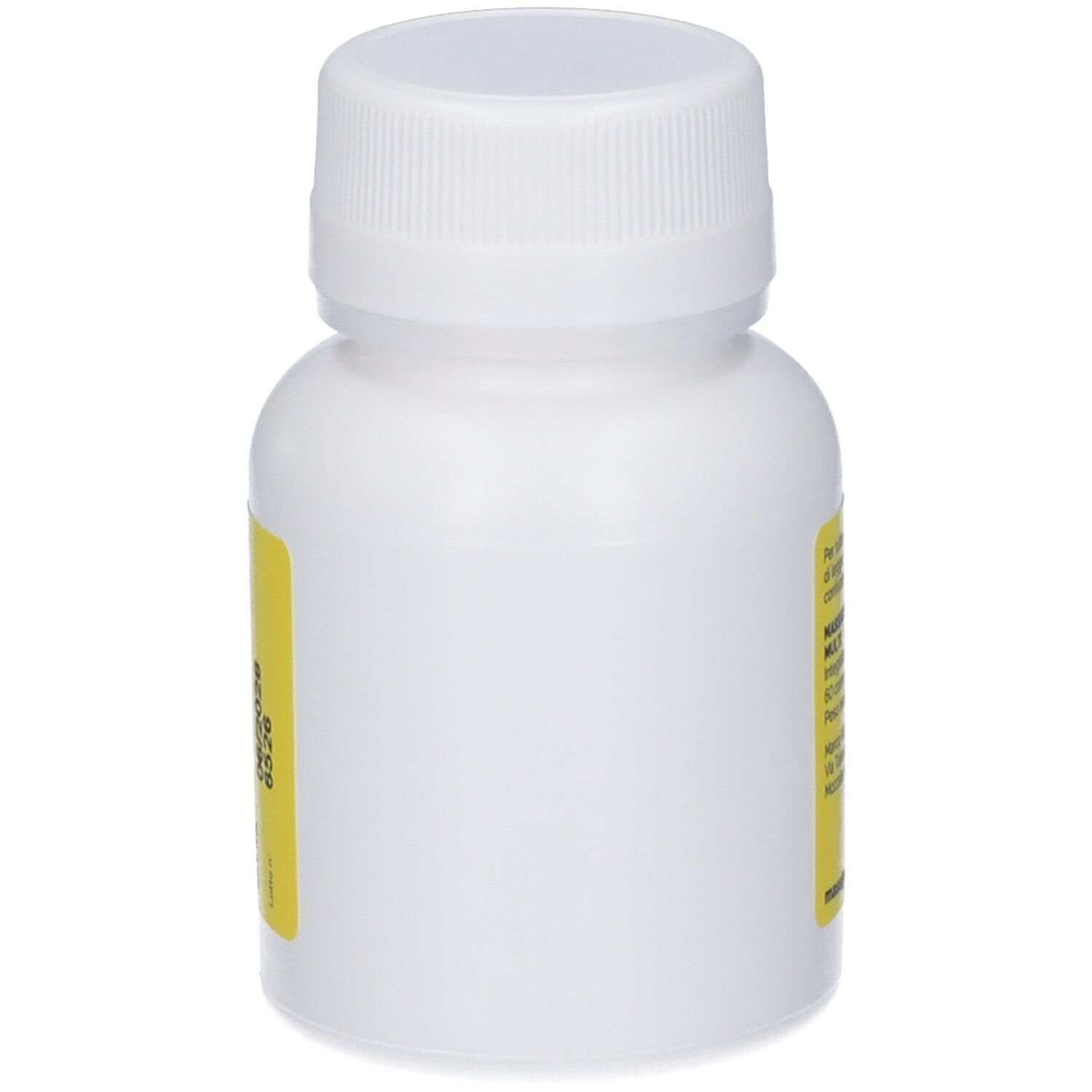 Weiße Flasche mit gelbem Etikett, 100 ml.