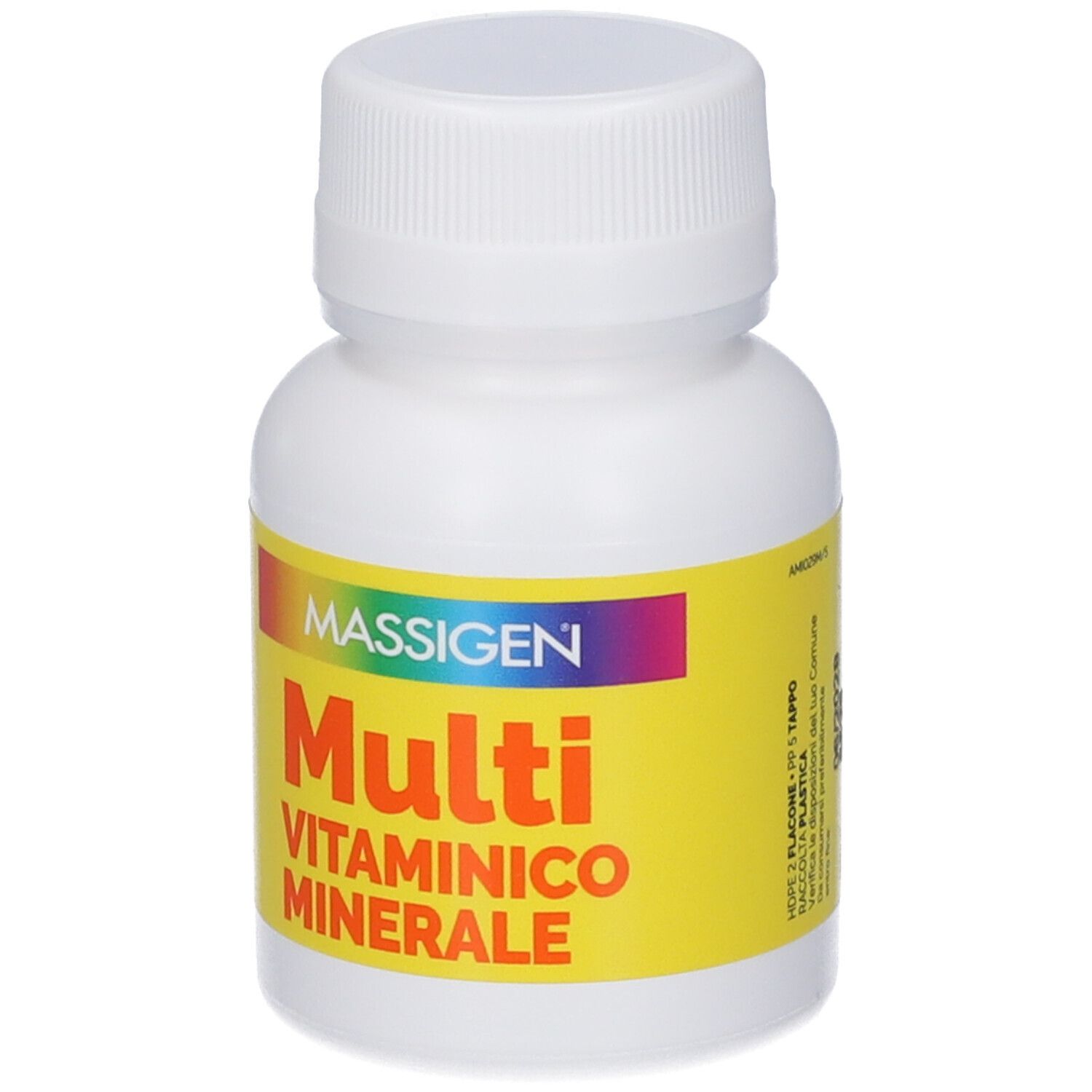 Massigen Multivitaminico Minerale Kapseln in weißem Behälter mit blauem Deckel.
