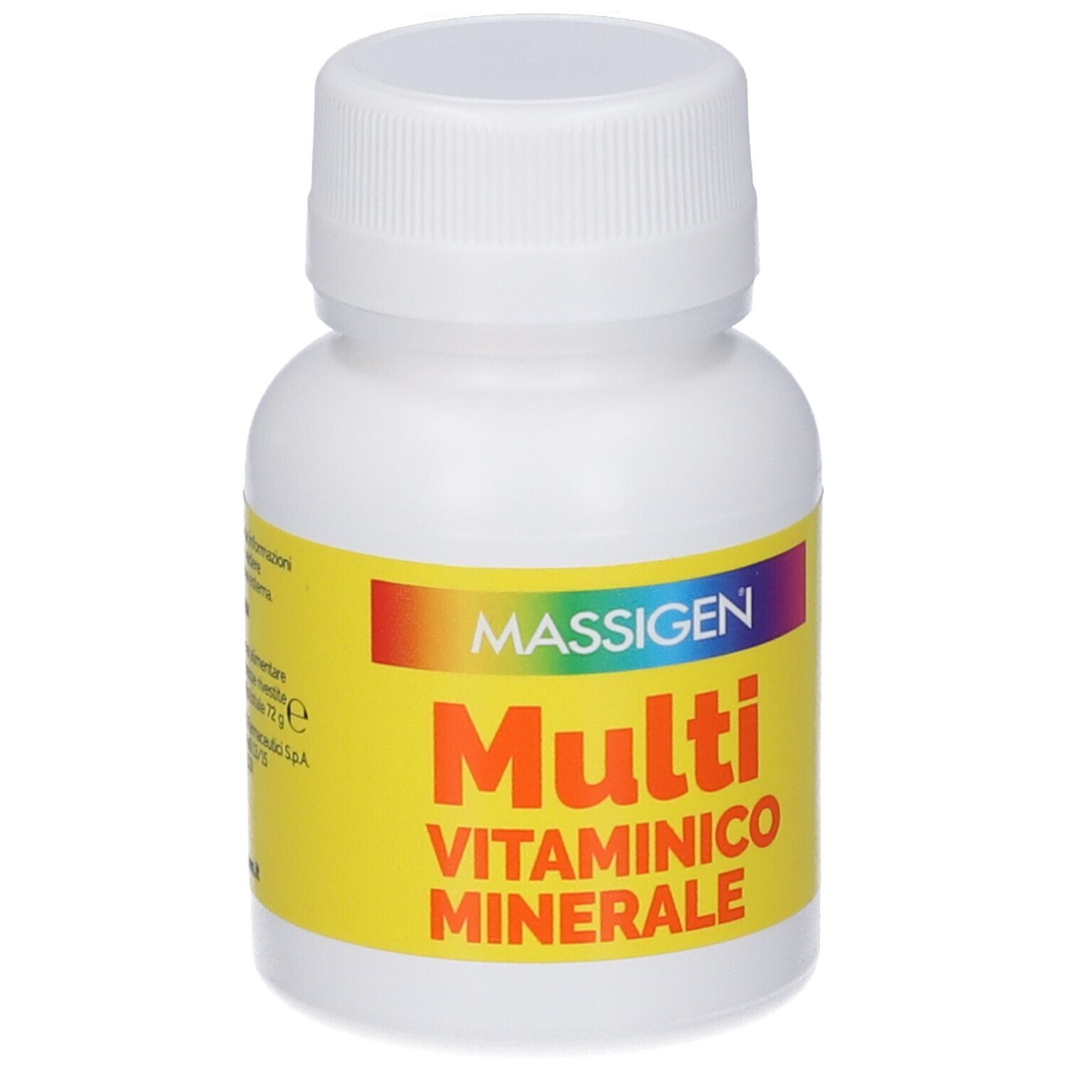 Massigen Multivitaminico Minerale Flasche mit gelbem Etikett und Regenbogenstreifen.