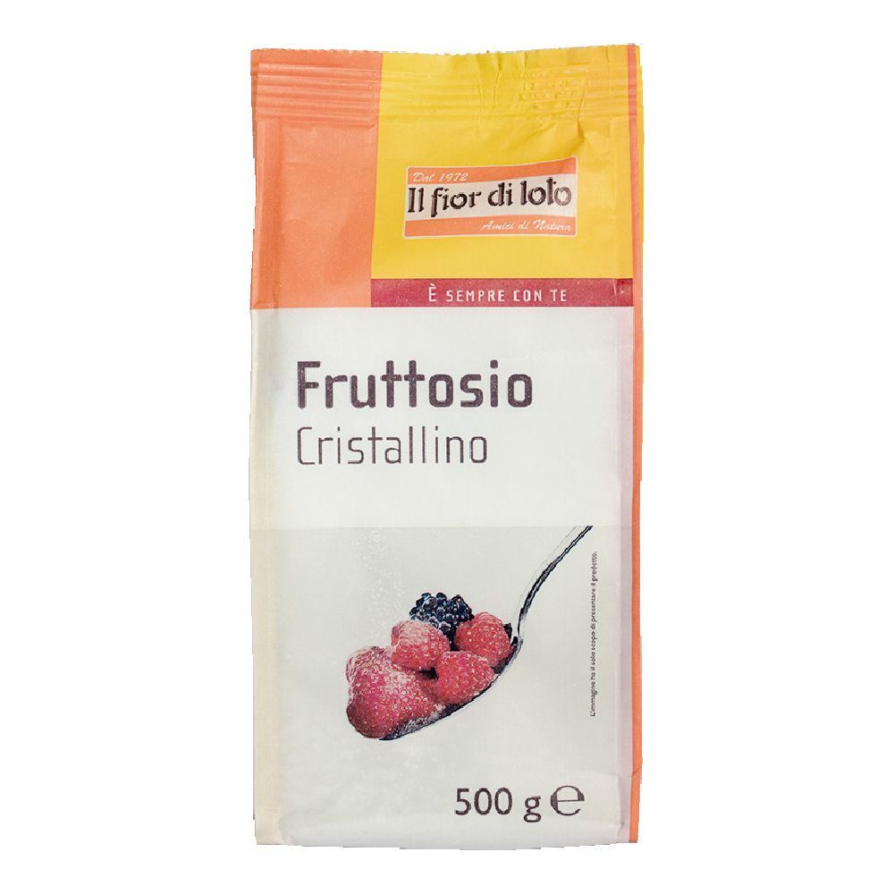 Confezione di Fruttosio Cristallino. Stampa con nome prodotto, marchio e frutta su cucchiaio. 500g.