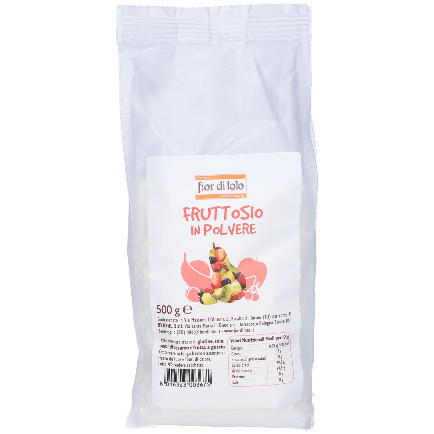 Confezione di Fruttosio in polvere. Stampa con nome prodotto, marchio e frutta. 500g. Informazioni nutrizionali.