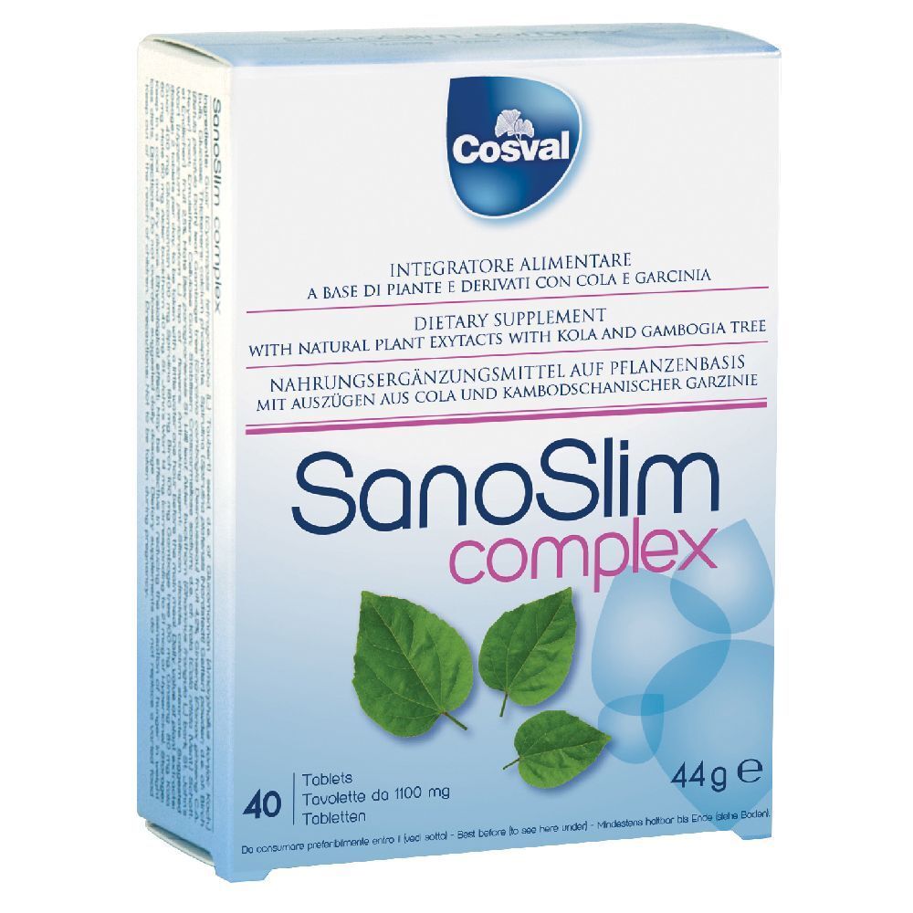 Scatola bianca con logo « Cosval » e scritta « SanoSlim complex ». Contiene 40 compresse. Testo in tedesco, italiano e inglese.