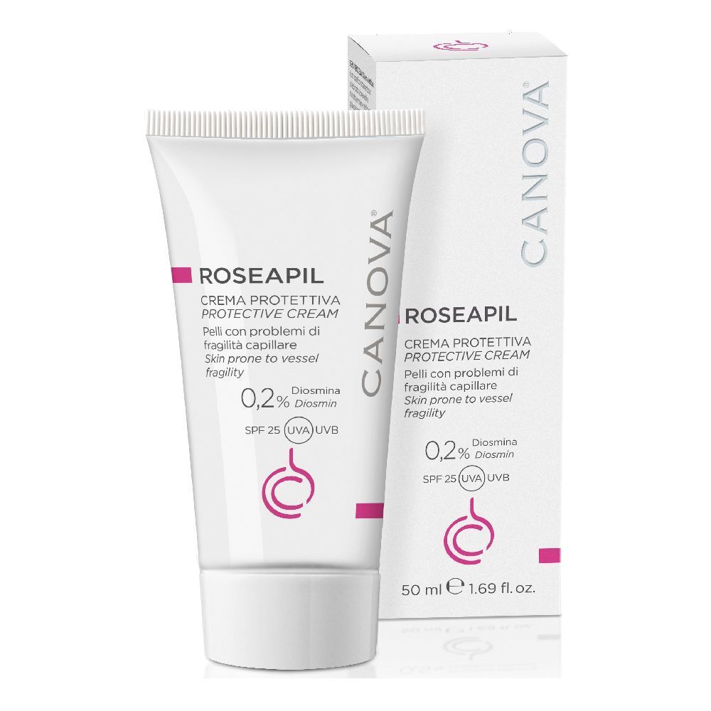 Tubo e scatola di crema ROSEAPIL, crema protettiva. Contiene 0,2% Diosmina, SPF 25. Marchio CANOVA.