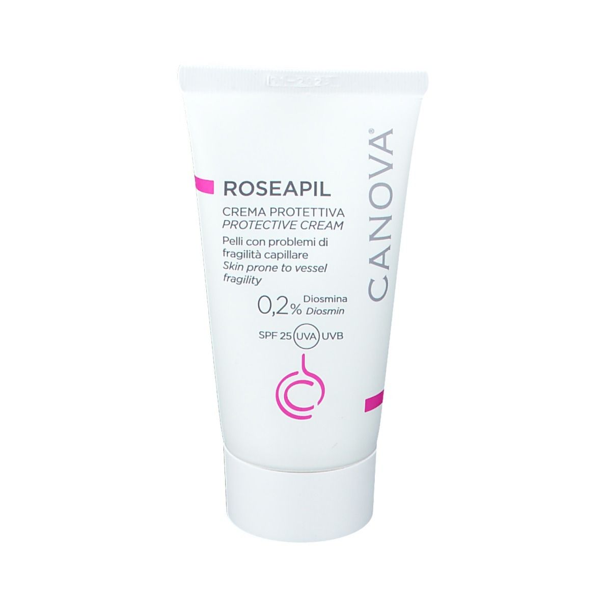 Tubo di crema bianco con ROSEAPIL, crema protettiva. Contiene 0,2% Diosmina, SPF 25. Marchio CANOVA.