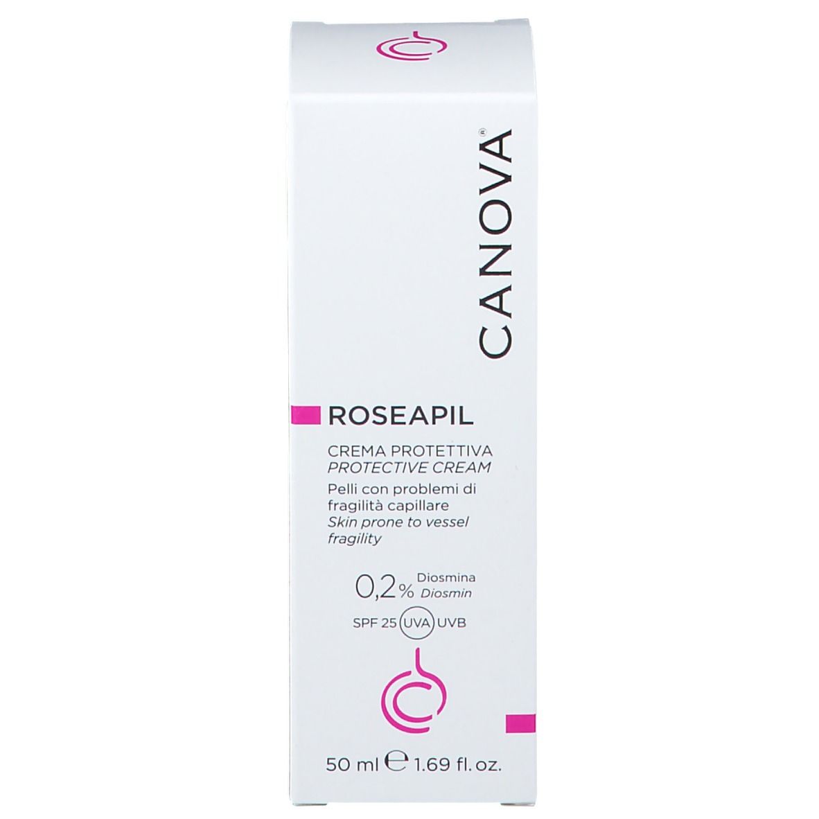 Scatola con ROSEAPIL, crema protettiva. Contiene 0,2% Diosmina, SPF 25. Marchio CANOVA. 50 ml.
