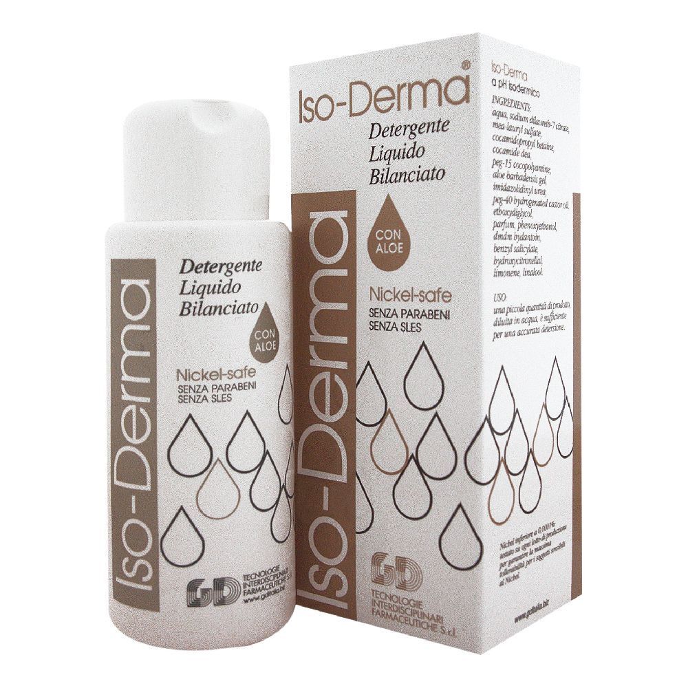 Flacone e scatola di Iso-Derma Detergente Liquido. Con Aloe, Nickel-safe, senza parabeni e SLES.