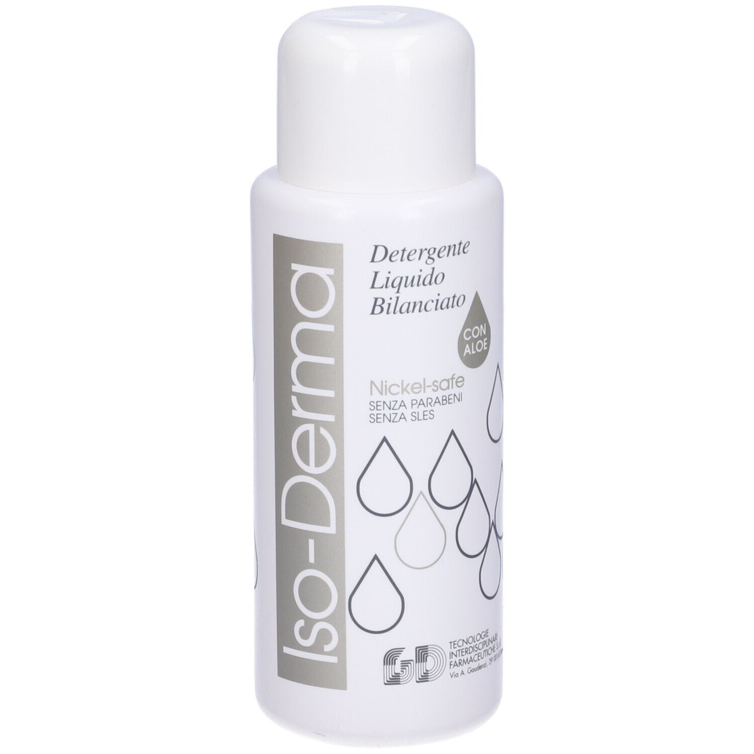 Flacone bianco di Iso-Derma Detergente Liquido. Con Aloe, Nickel-safe, senza parabeni e SLES.