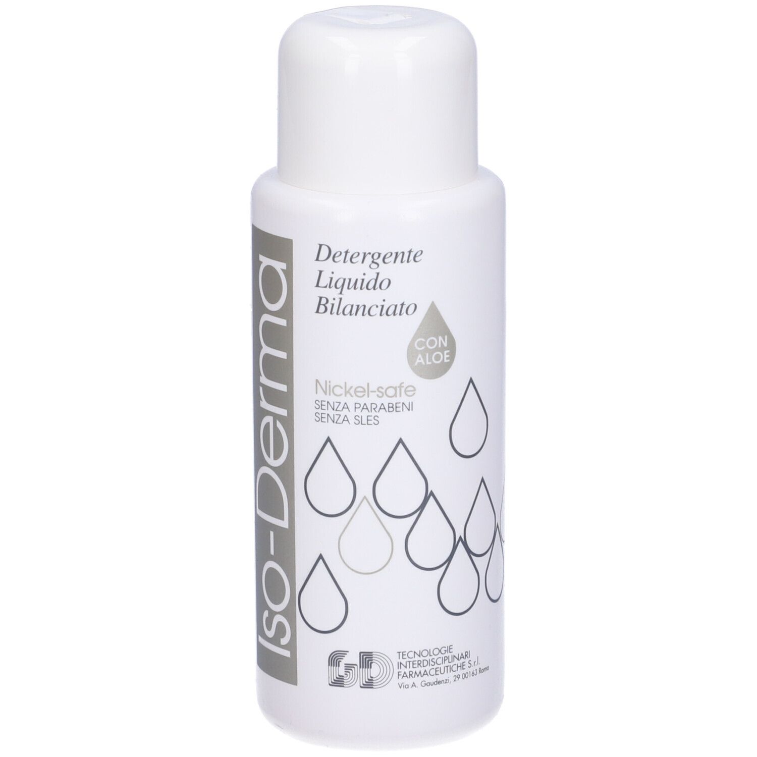 Flacone bianco di Iso-Derma Detergente Liquido. Con Aloe, Nickel-safe, senza parabeni e SLES.