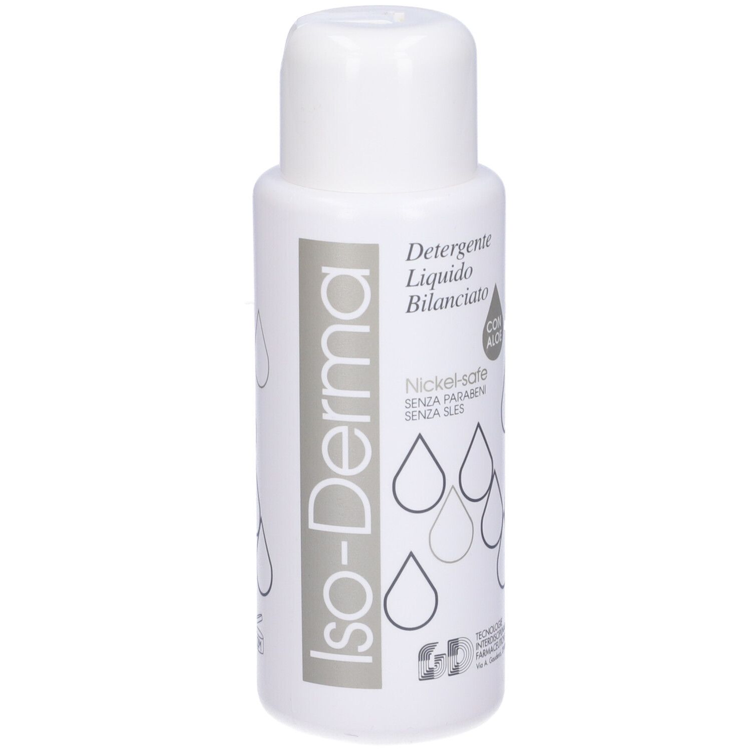 Flacone bianco di Iso-Derma Detergente Liquido. Con Aloe, Nickel-safe, senza parabeni e SLES.