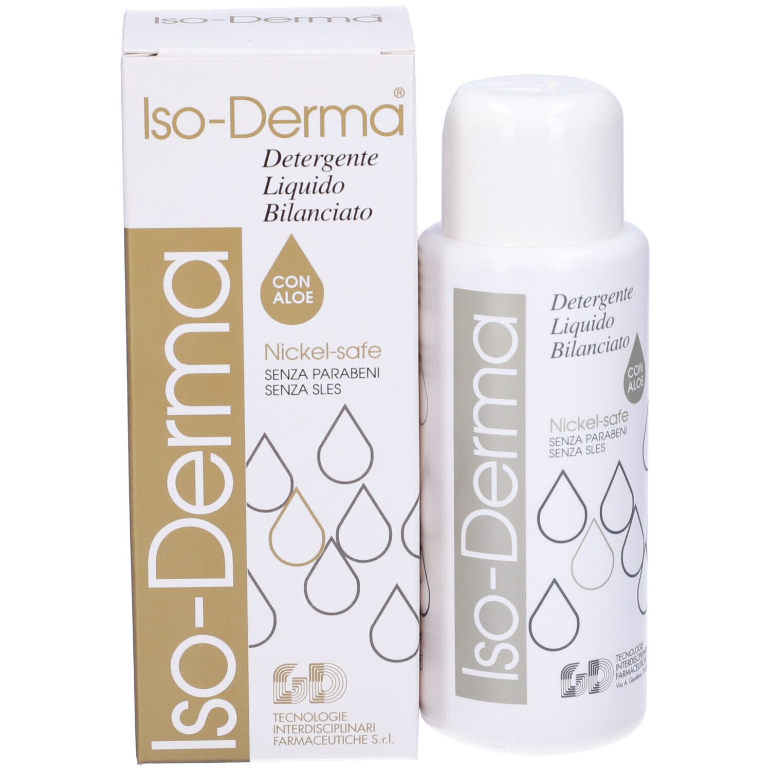 Flacone e scatola di Iso-Derma Detergente Liquido. Con Aloe, Nickel-safe, senza parabeni e SLES.
