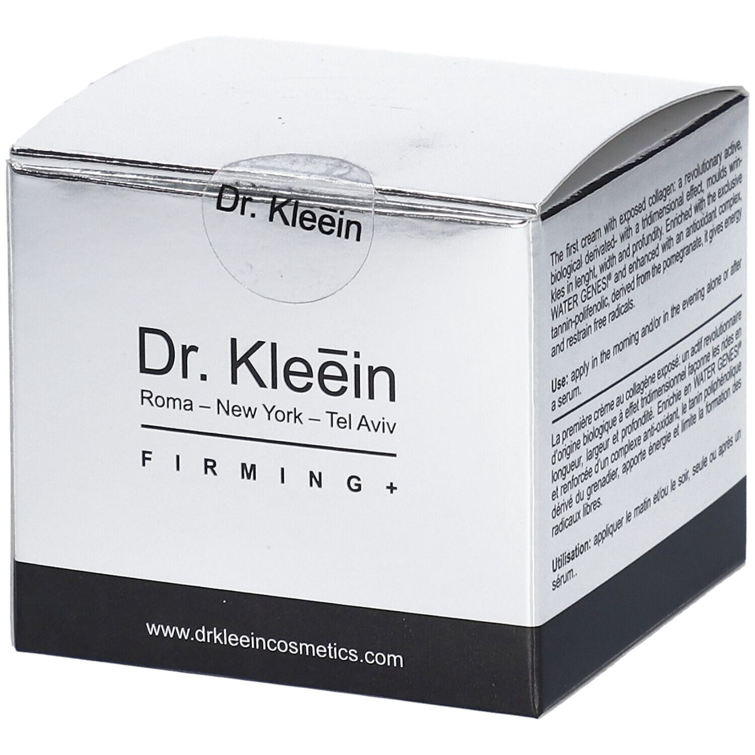 Scatola pieghevole argentata con stampa del prodotto. Scritta: Dr. Kleein FIRMING+. Con sigillo.
