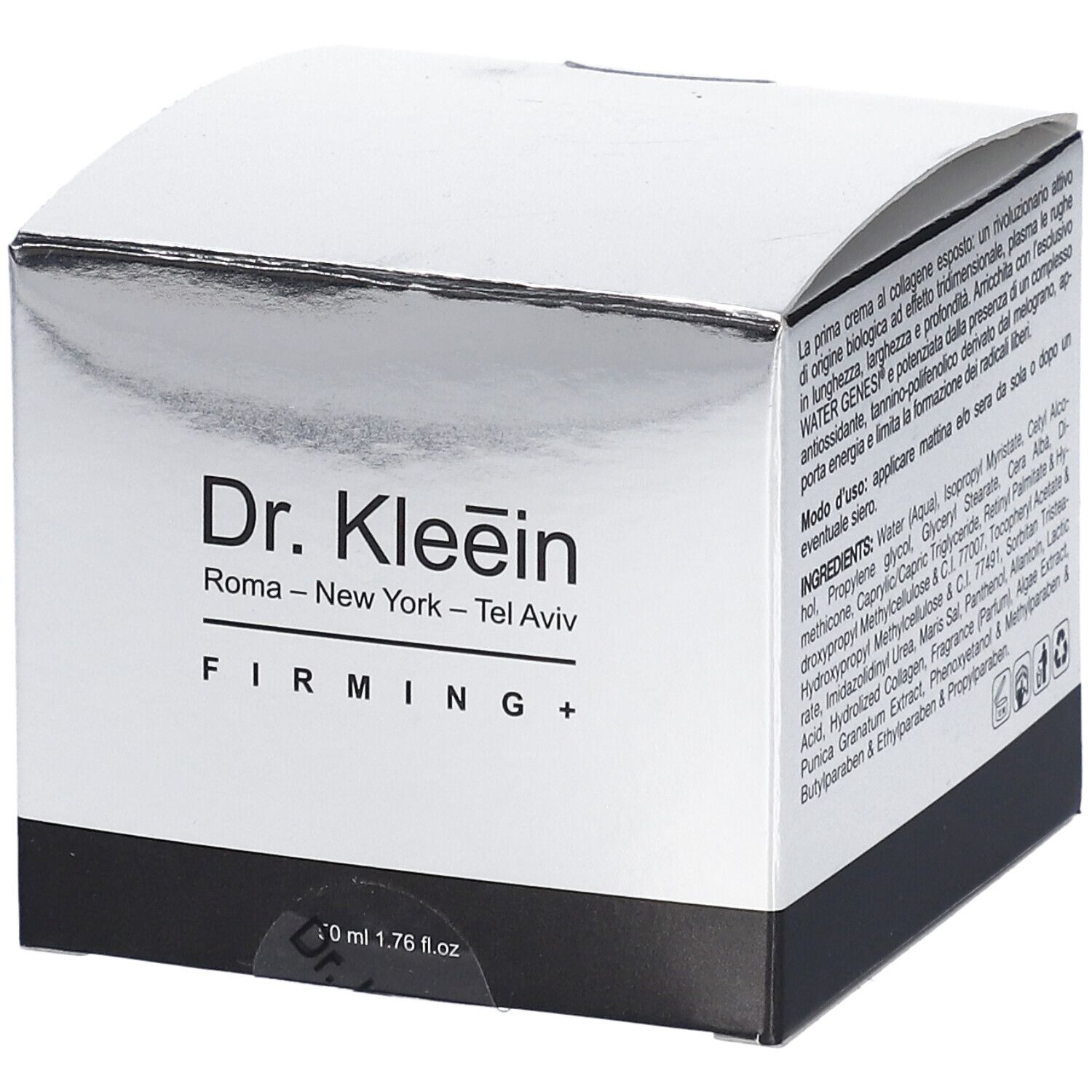 Scatola pieghevole con stampa del prodotto. Scritta: Dr. Kleein FIRMING+. Volume: 50 ml.