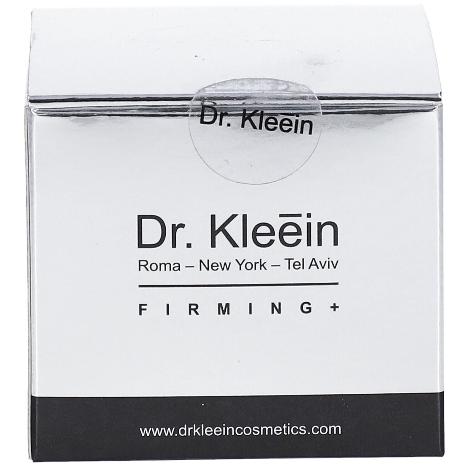 Scatola pieghevole argentata con stampa del prodotto. Scritta: Dr. Kleein FIRMING+. Con sigillo.