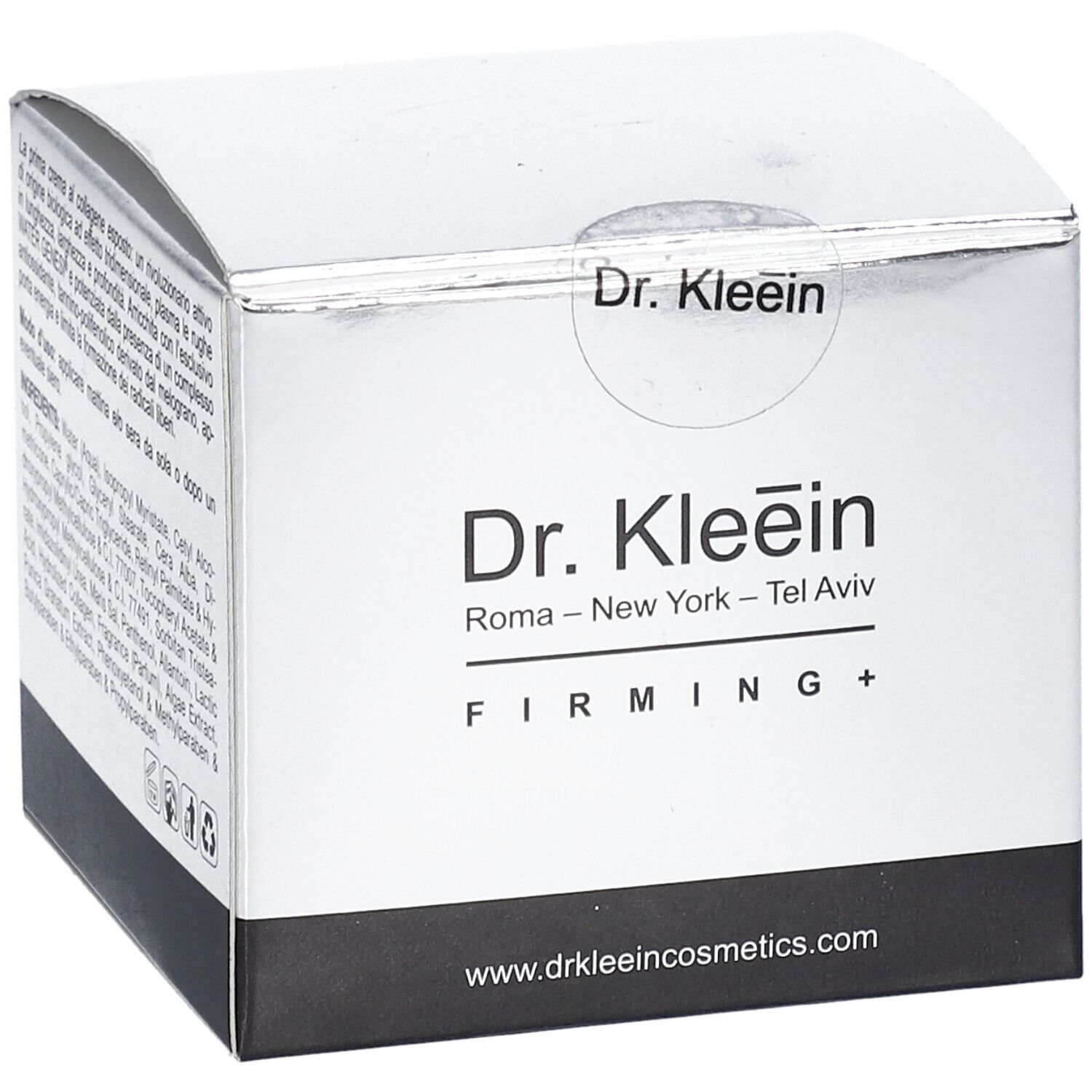 Scatola pieghevole argentata con stampa del prodotto. Scritta: Dr. Kleein FIRMING+. Con sigillo.