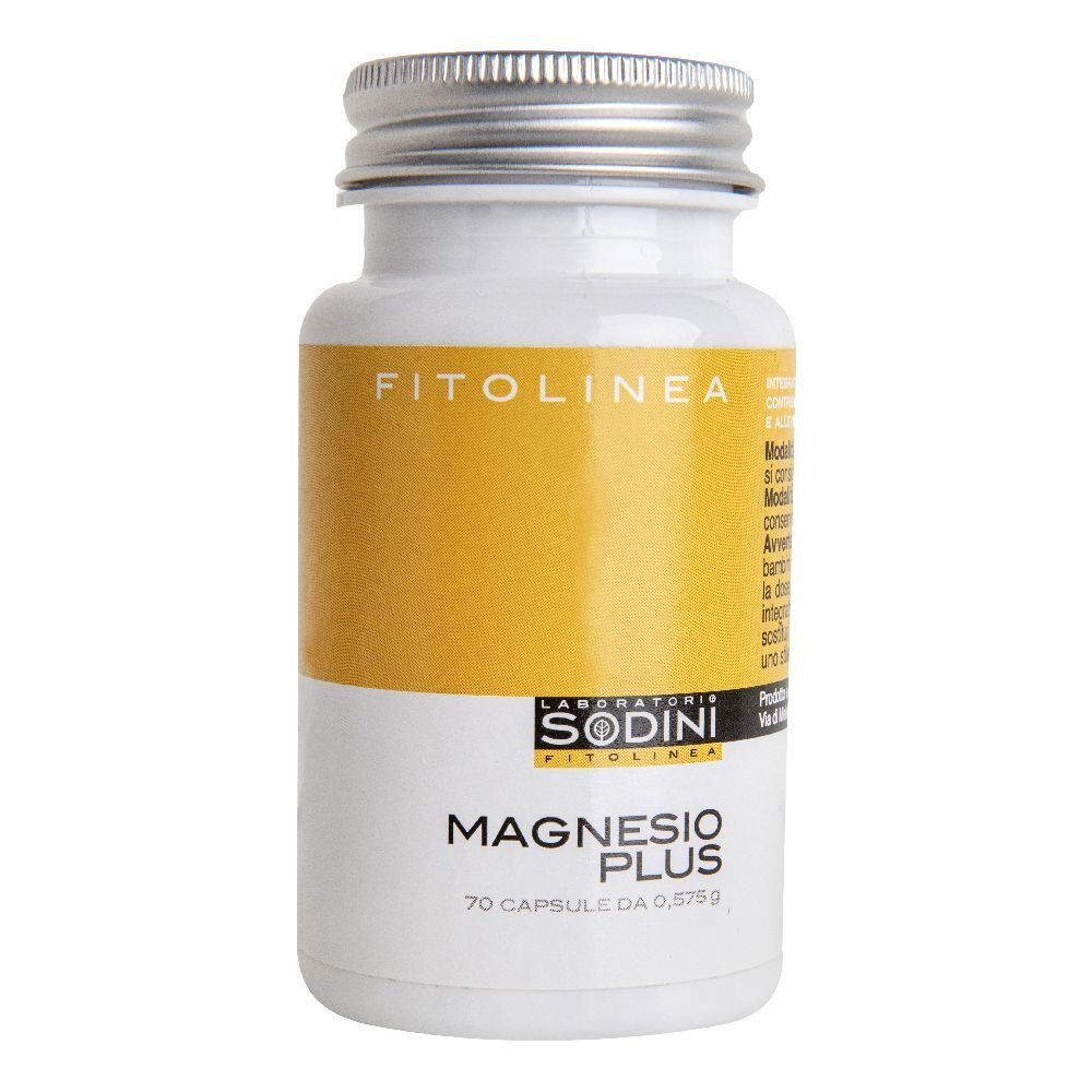 Flacone bianco con tappo argentato. Etichetta gialla con 'FITOLINEA' e 'MAGNESIO PLUS'. 70 capsule.