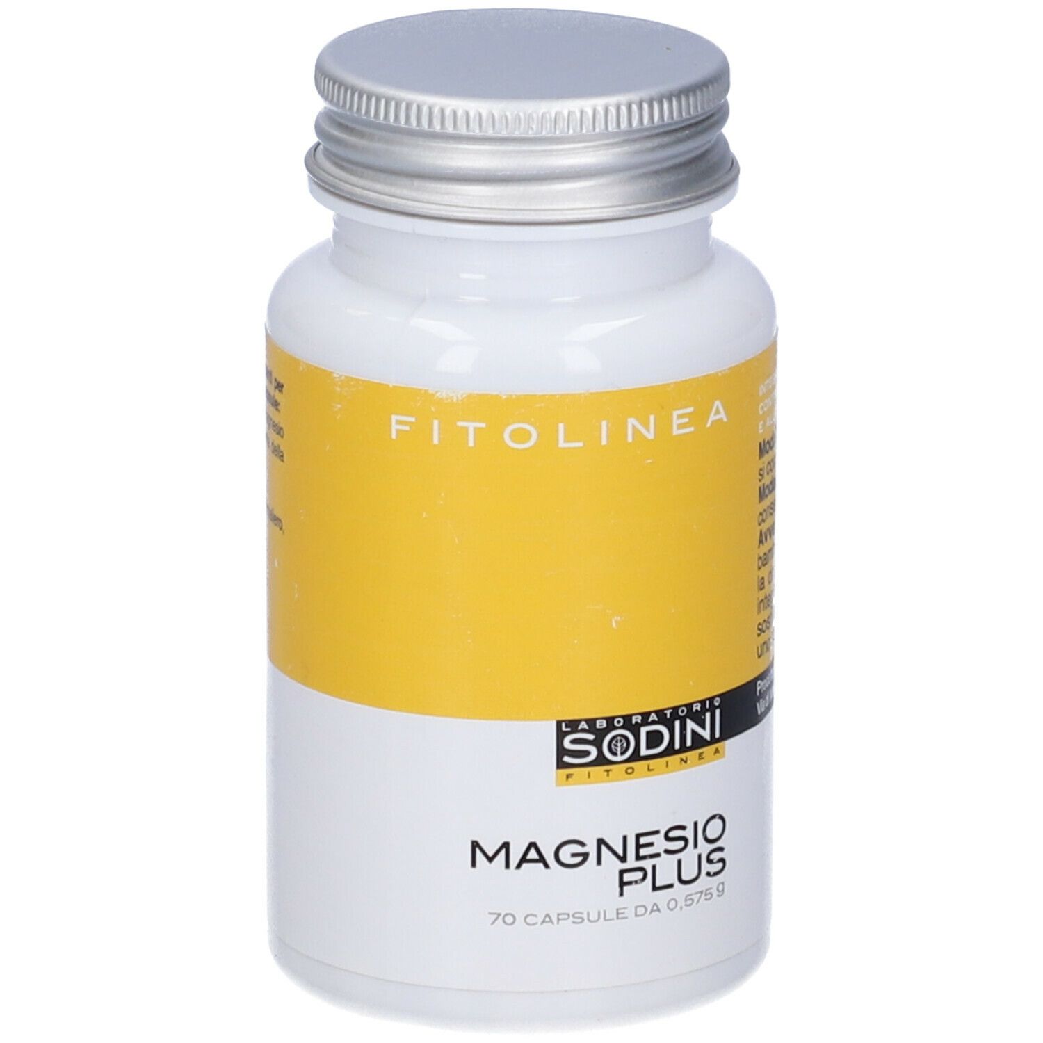 Flacone bianco con tappo argentato. Etichetta gialla con 'FITOLINEA' e 'MAGNESIO PLUS'. 70 capsule.