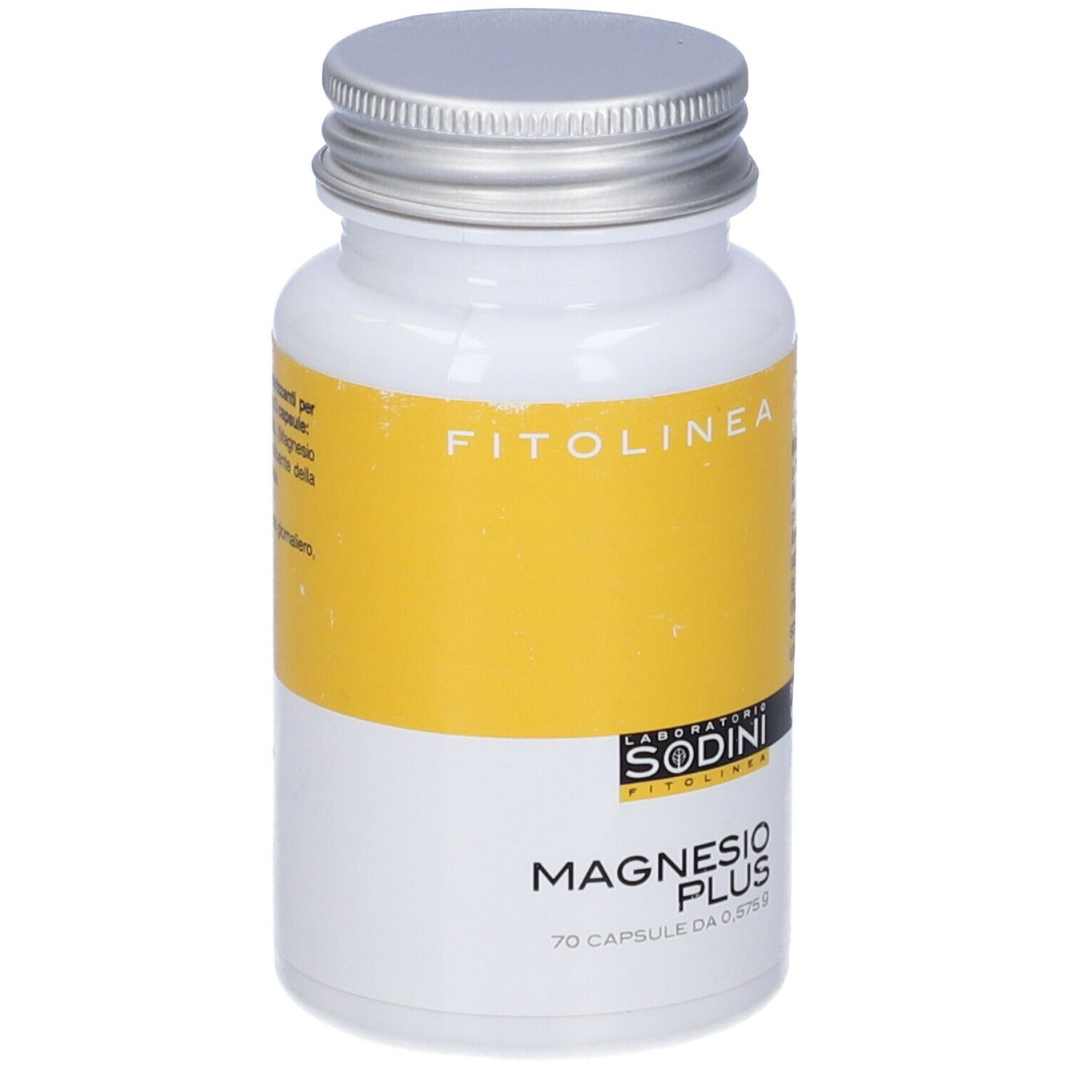 Flacone bianco con tappo argentato. Etichetta gialla con 'FITOLINEA' e 'MAGNESIO PLUS'. 70 capsule.