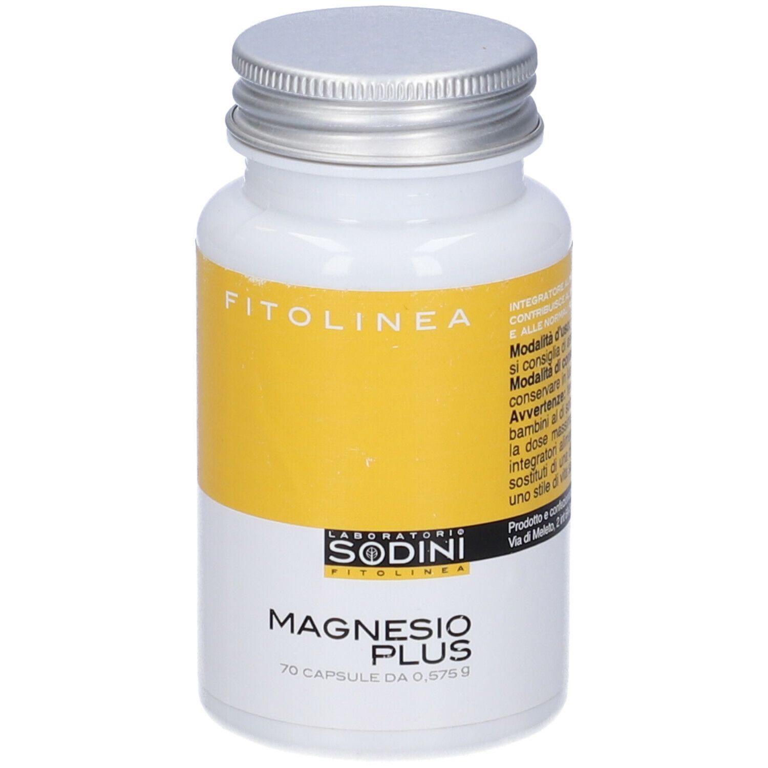 Flacone bianco con tappo argentato. Etichetta gialla con 'FITOLINEA' e 'MAGNESIO PLUS'. 70 capsule.