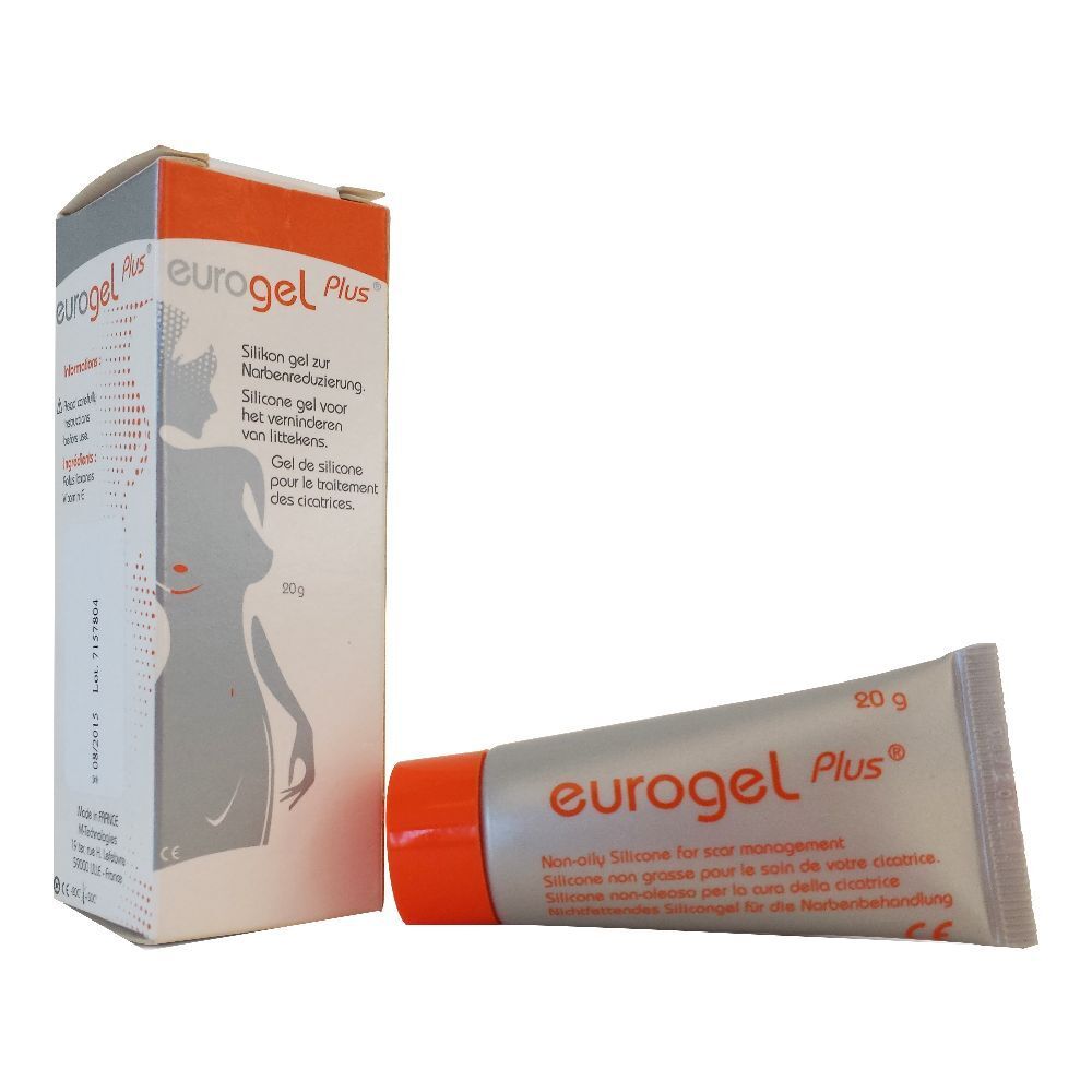 Tubo e scatola di gel Eurogel Plus. Tubo argento con tappo arancione. Scritta: Eurogel Plus, 20 g.