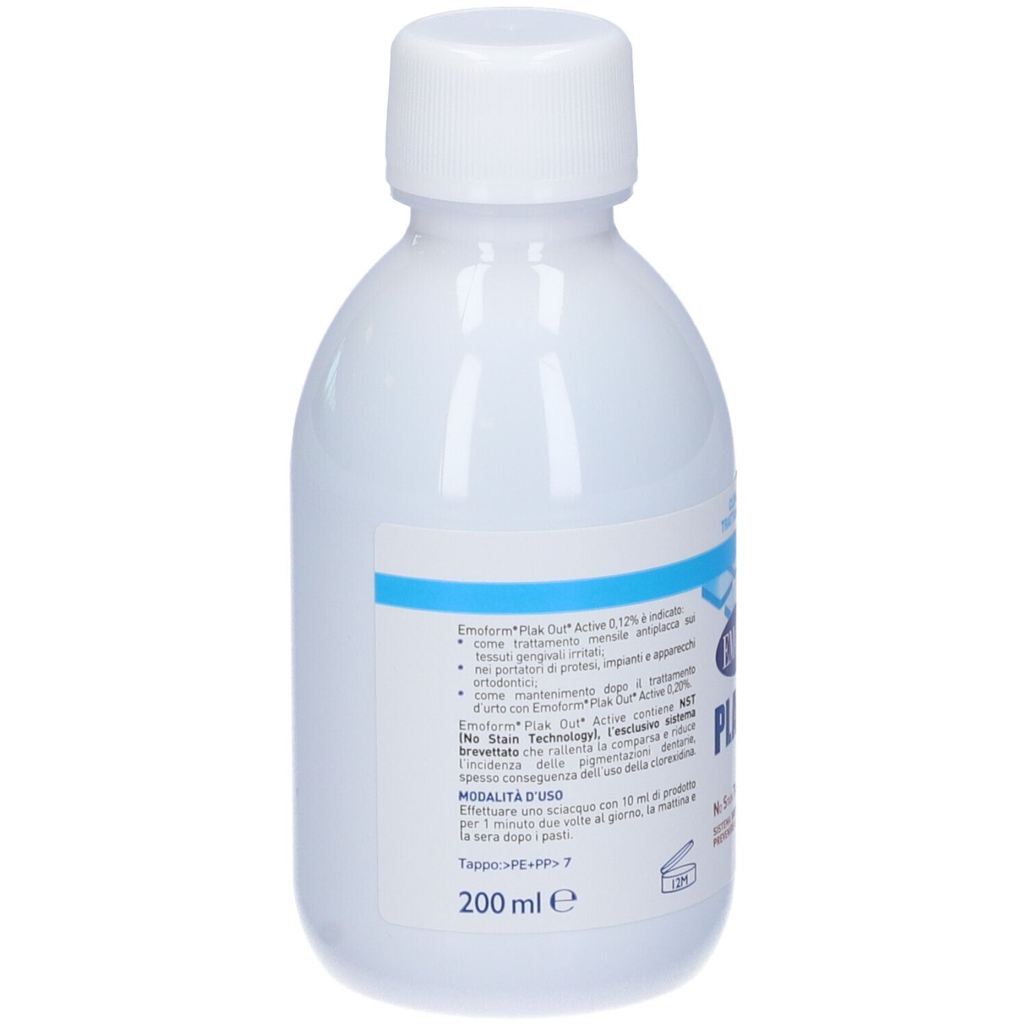 Flacone bianco con etichetta blu. Scritta: Emoform Plakout Active, Clorexidina 0,12%, Trattamento prolungato.