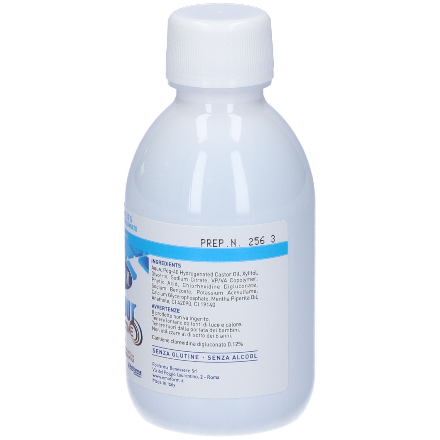 Flacone bianco con etichetta blu. Scritta: Emoform Plakout Active, Clorexidina 0,12%, Trattamento prolungato.