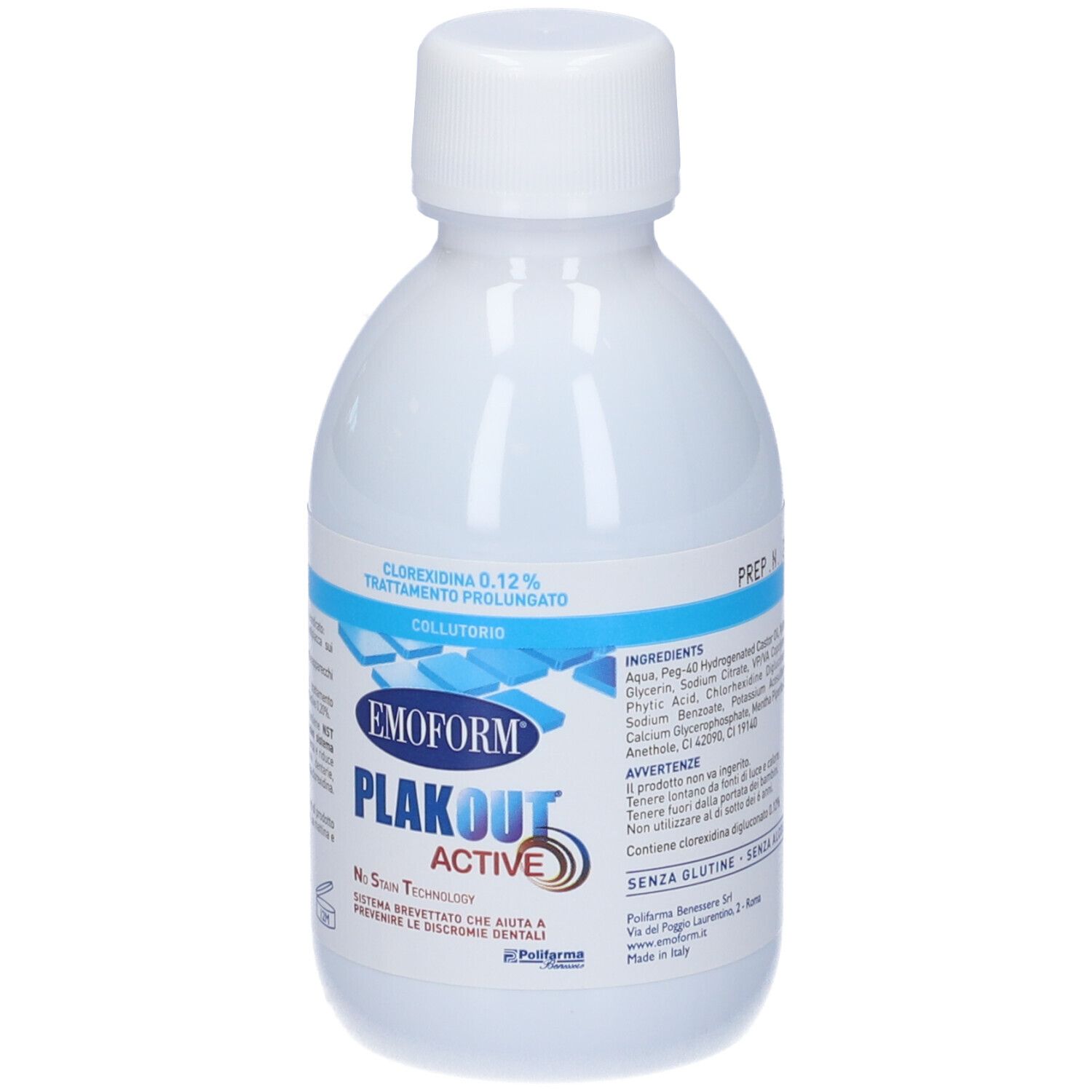 Flacone bianco con etichetta blu. Scritta: Emoform Plakout Active, Clorexidina 0,12%, Trattamento prolungato.