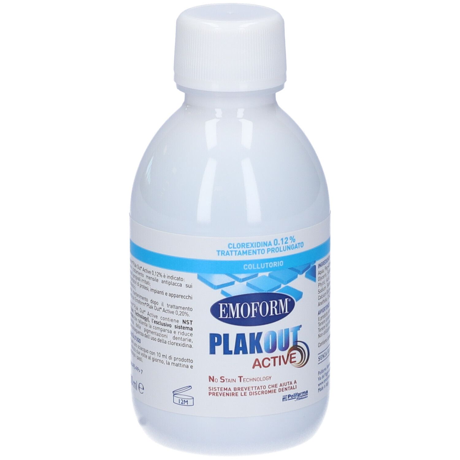 Flacone bianco con etichetta blu. Scritta: Emoform Plakout Active, Clorexidina 0,12%, Trattamento prolungato.