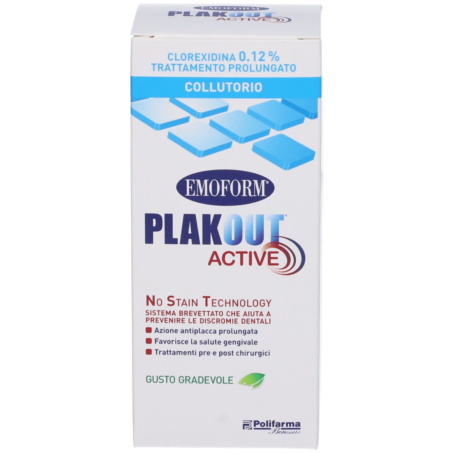 Scatola con stampa del prodotto. Scritta: Emoform Plakout Active, Clorexidina 0,12%, Trattamento prolungato.
