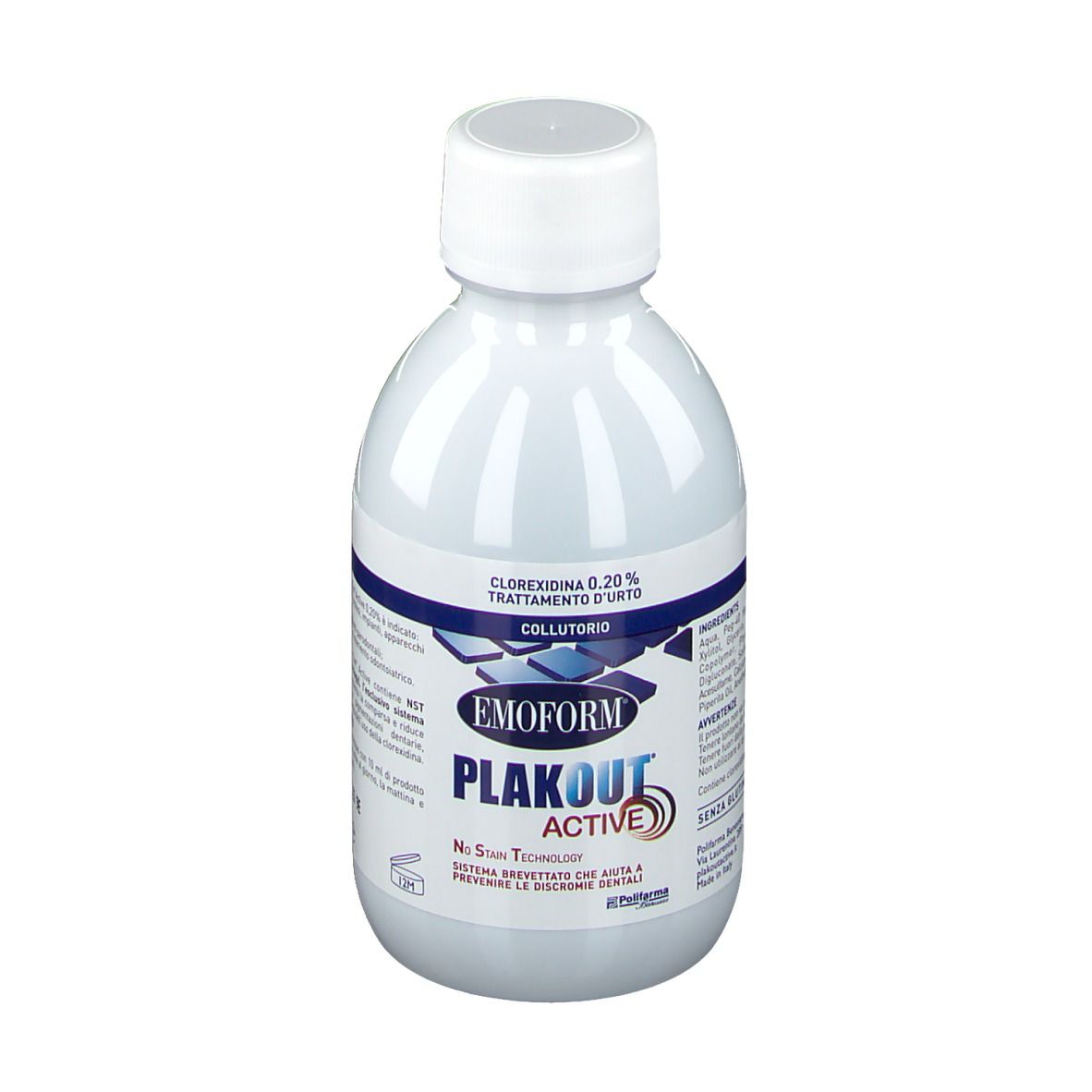 Collutorio Emoform Plakout Active in flacone bianco con tappo bianco. Contiene Clorexidina 0,20%.