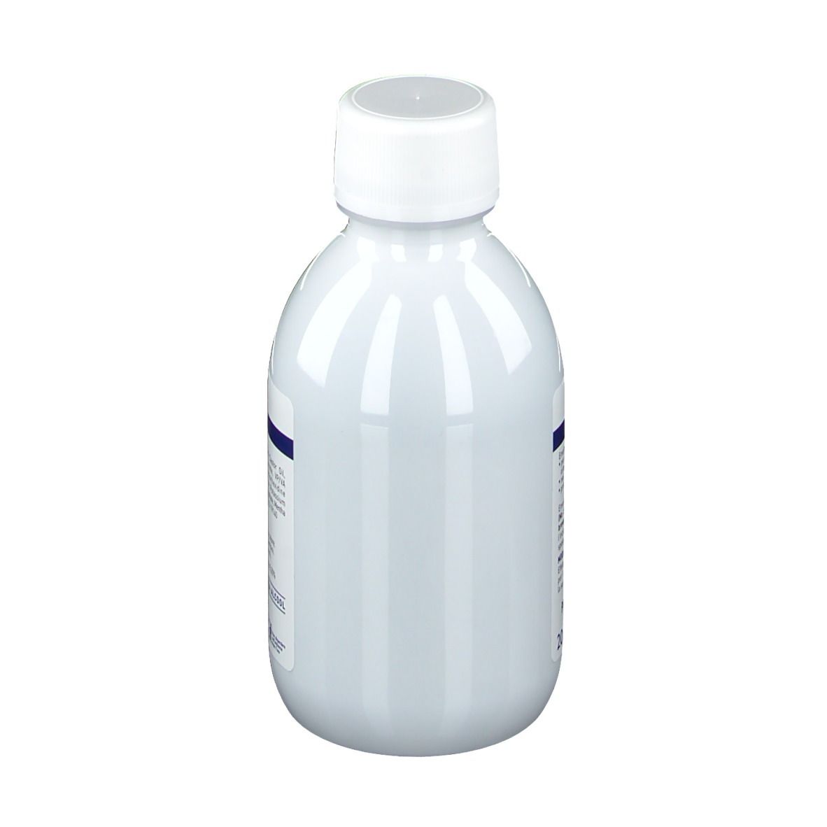 Flacone bianco con tappo bianco. Retro con informazioni sul prodotto. Senza loghi o marchi visibili.