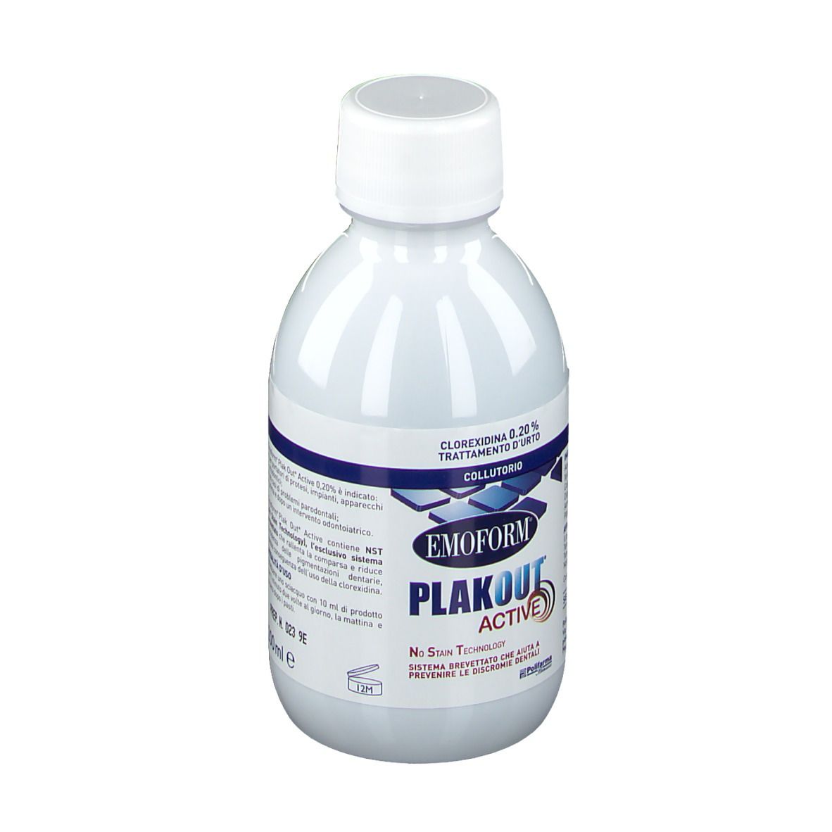 Collutorio Emoform Plakout Active in flacone bianco con tappo bianco. Contiene Clorexidina 0,20%.