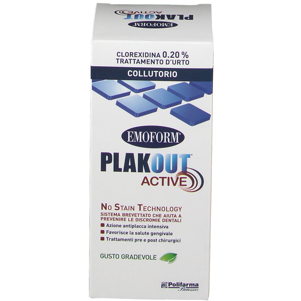 Confezione di collutorio Emoform Plakout Active. Contiene Clorexidina 0,20% e informazioni.