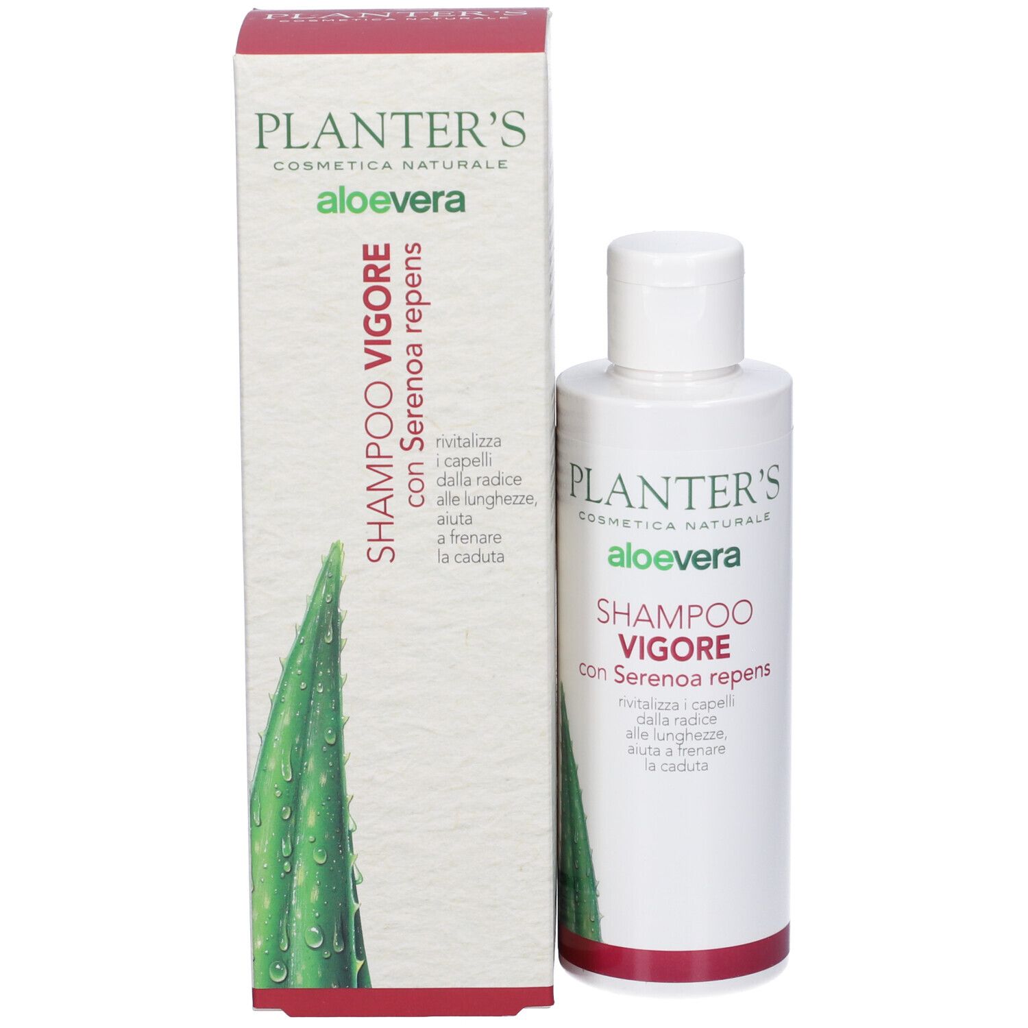 Planter's Shampoo Vigore mit Serenoa Repens und Aloe Vera in weißer Flasche.