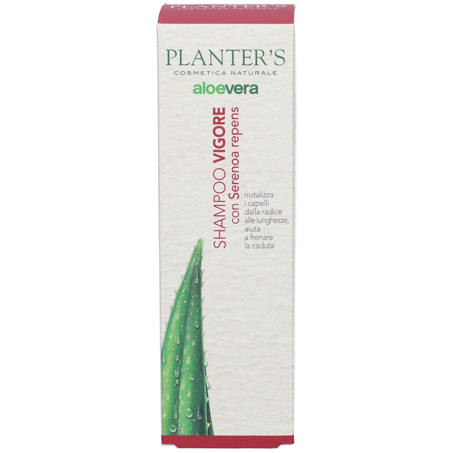 Planter's Shampoo Vigore mit Serenoa Repens und Aloe Vera in weißer Flasche mit Faltschachtel.
