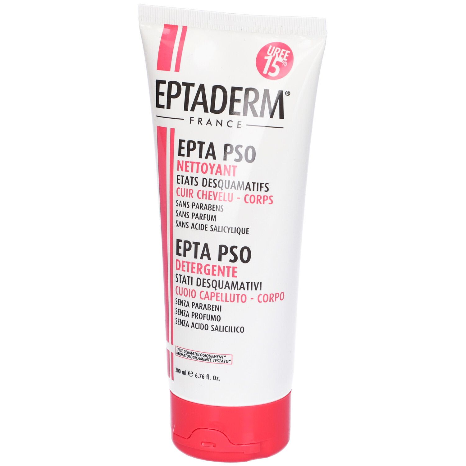 Tubo bianco e rosso. Scritta: EPTADERM, EPTA PSO, NETTOYANT, CUIR CHEVELU - CORPS. UREE 15.